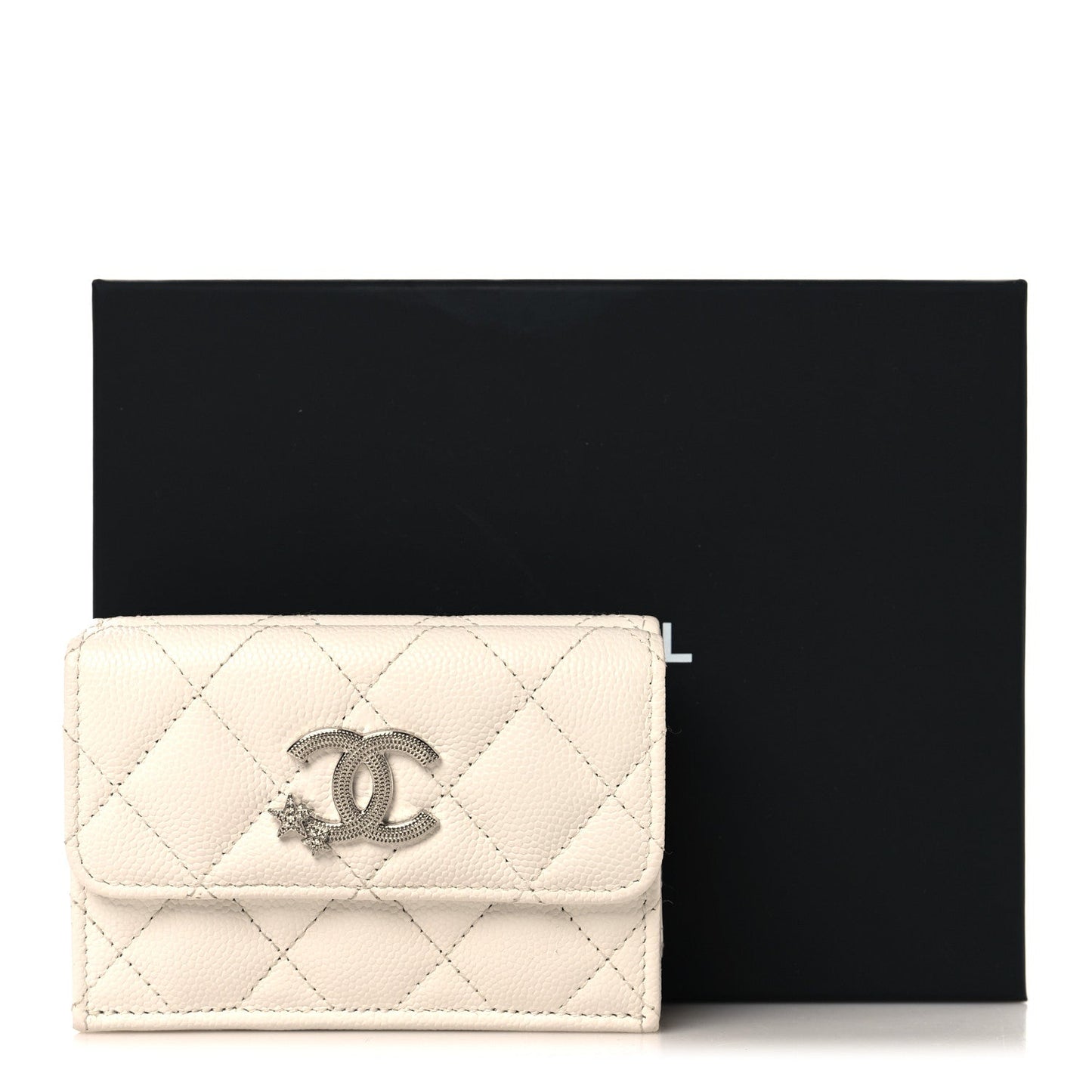 Caviar Quilted Crystal Star Small Tri-Fold Flap Wallet White