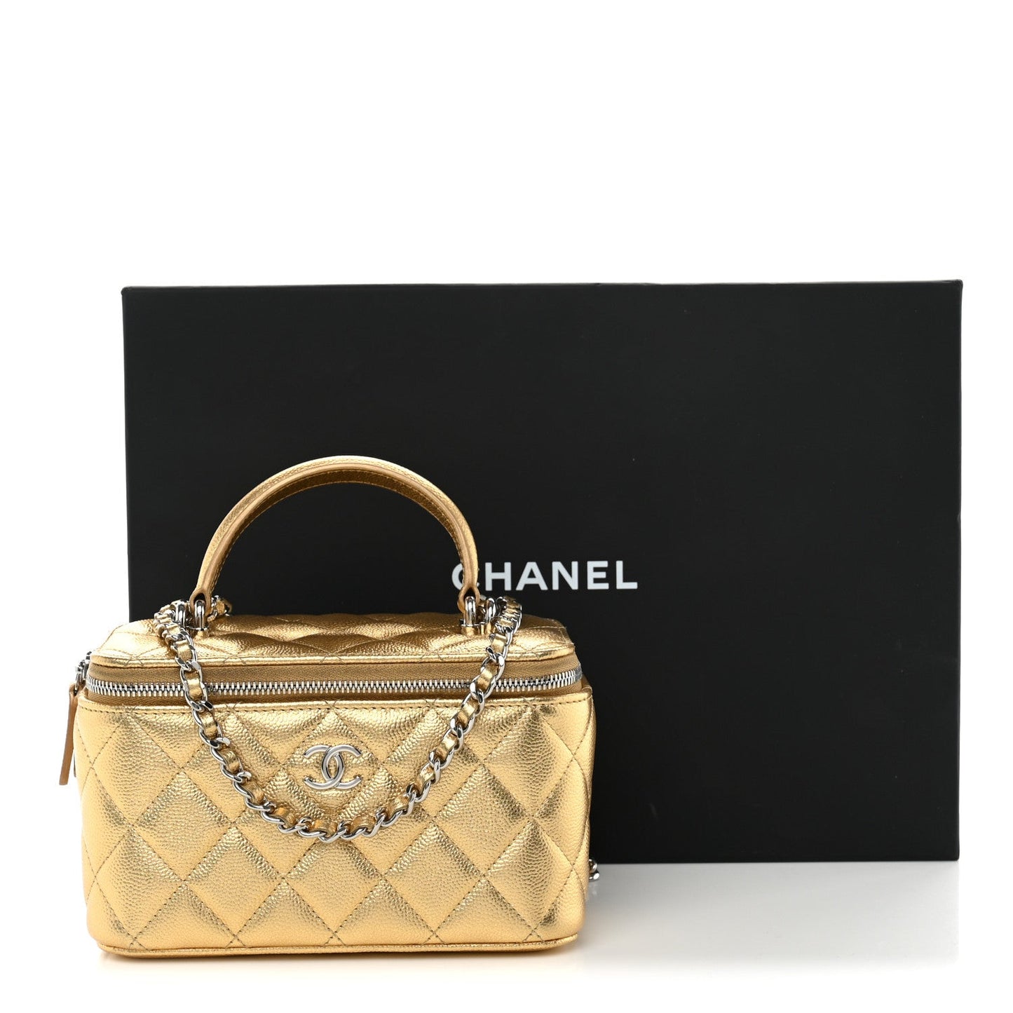 Metallic Caviar Quilted Top Handle Slim Vanity Case With Chain Gold