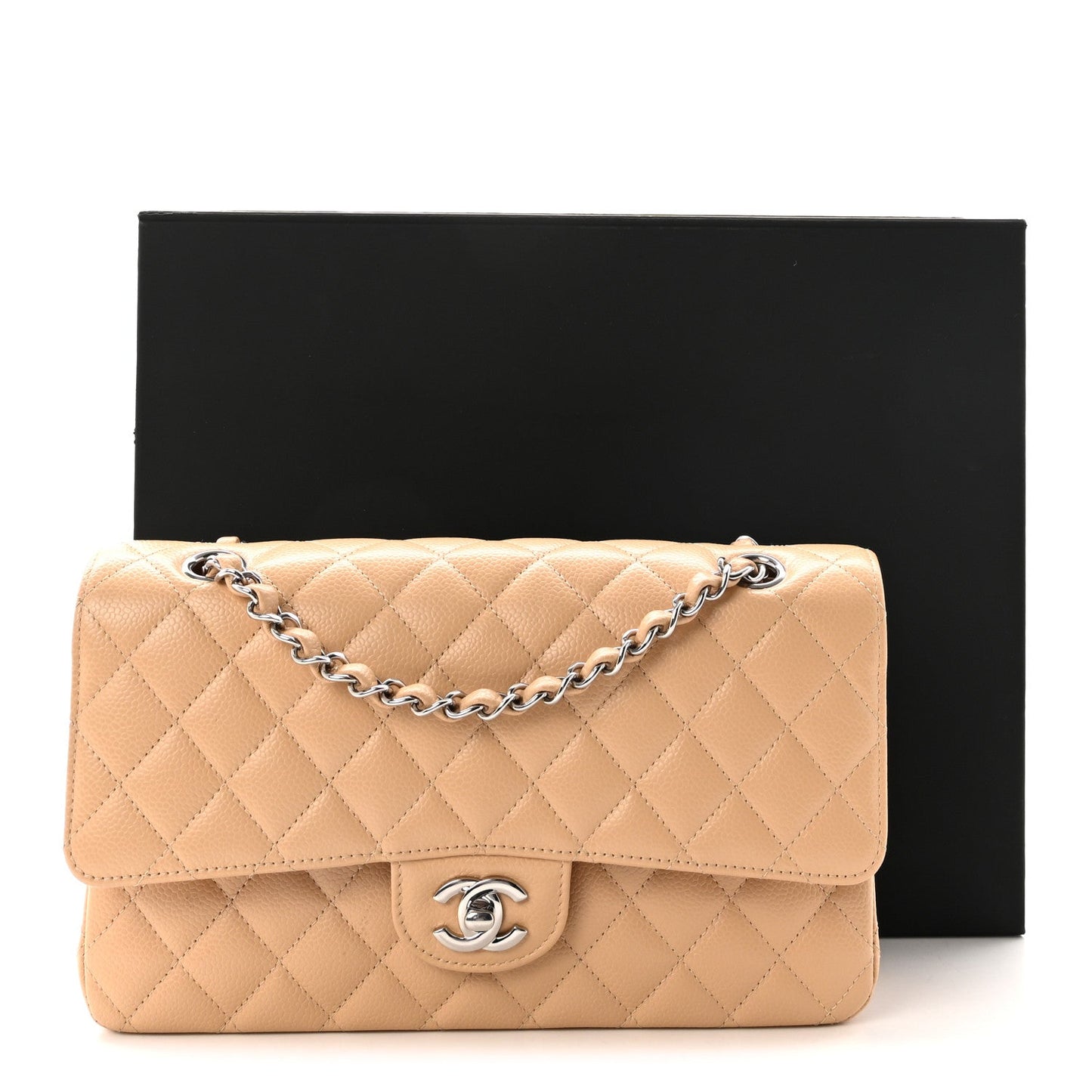 Caviar Quilted Medium Double Flap Beige