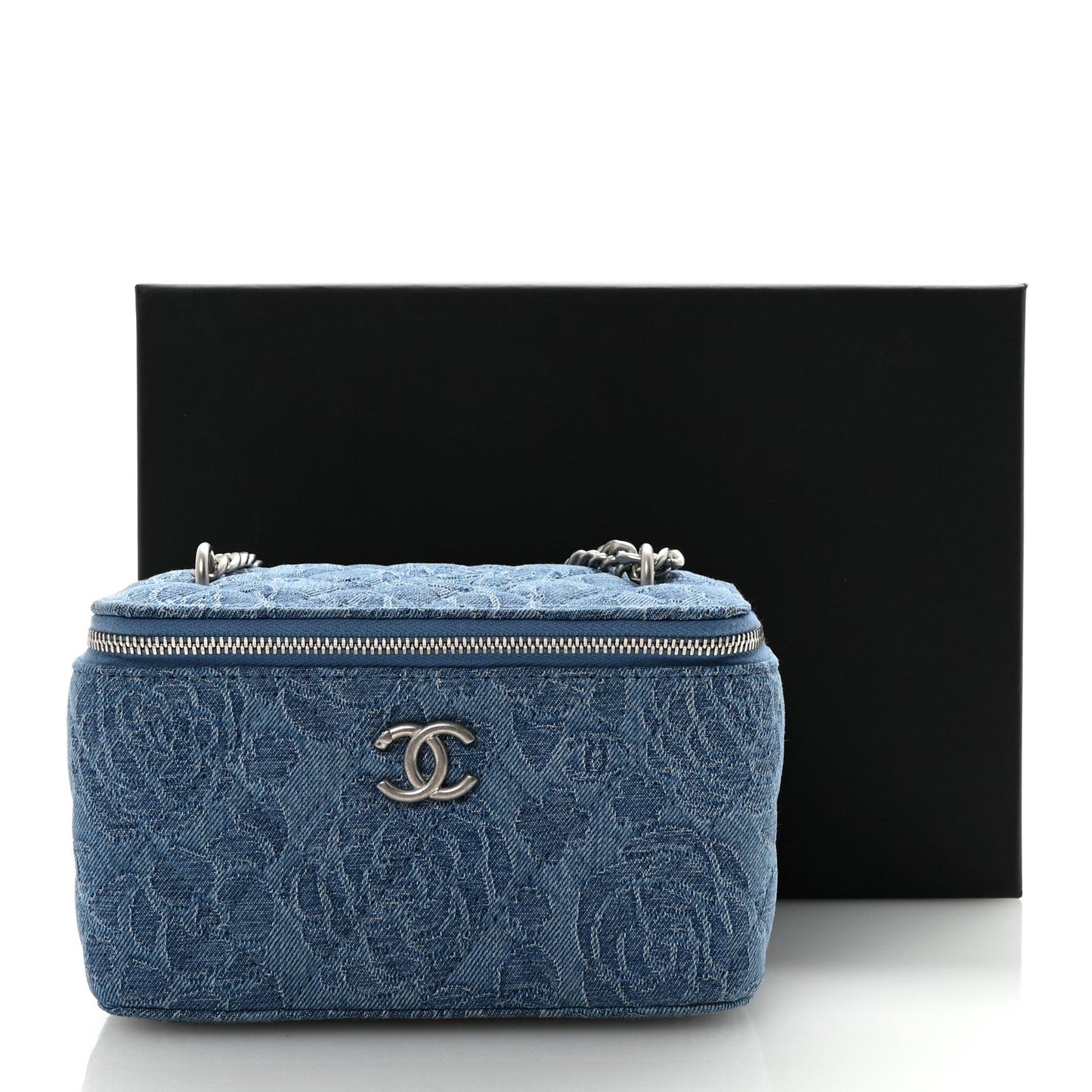 Denim Quilted Sweetheart Small Vanity Case With Chain Blue