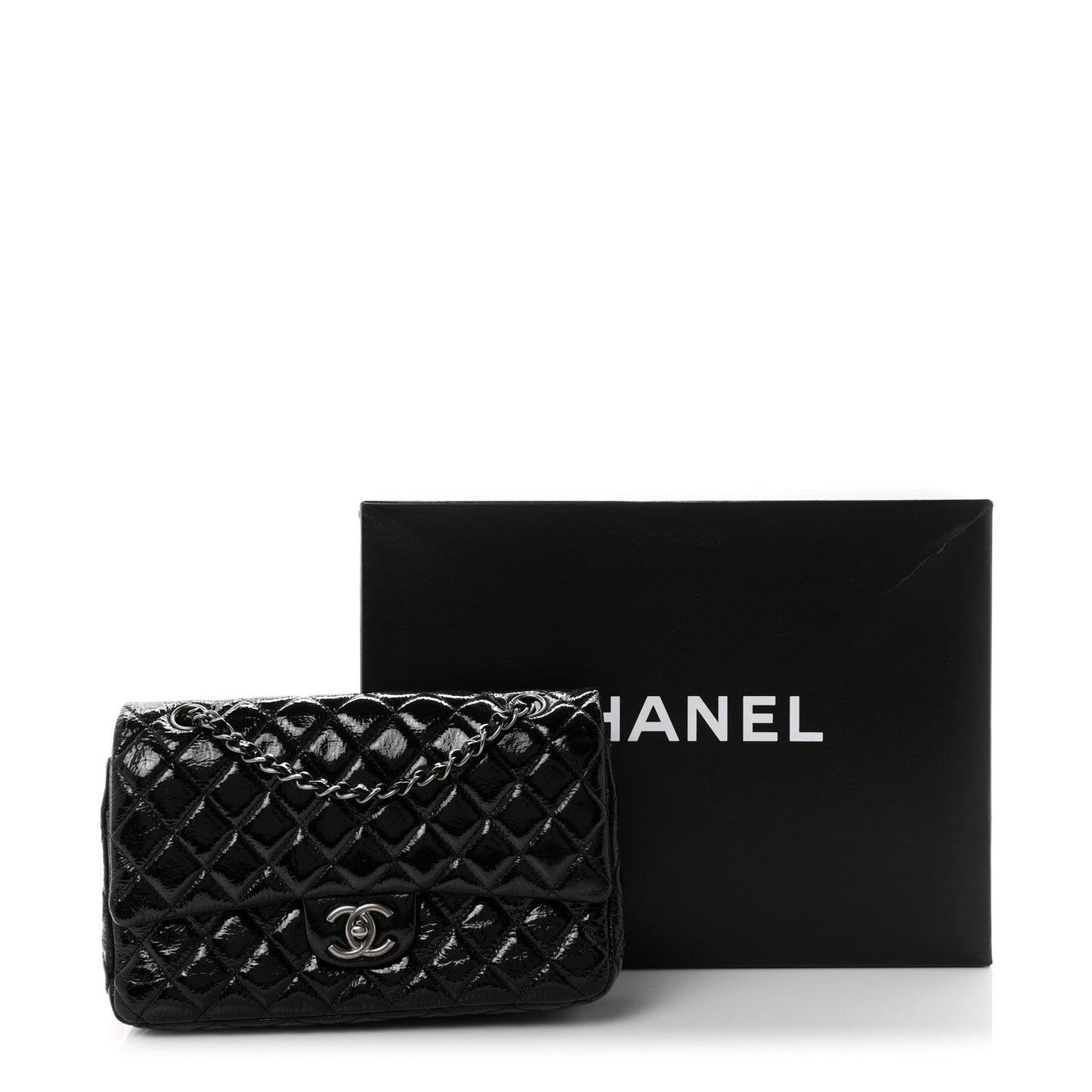 Crumpled Patent Quilted Medium Double Flap Black