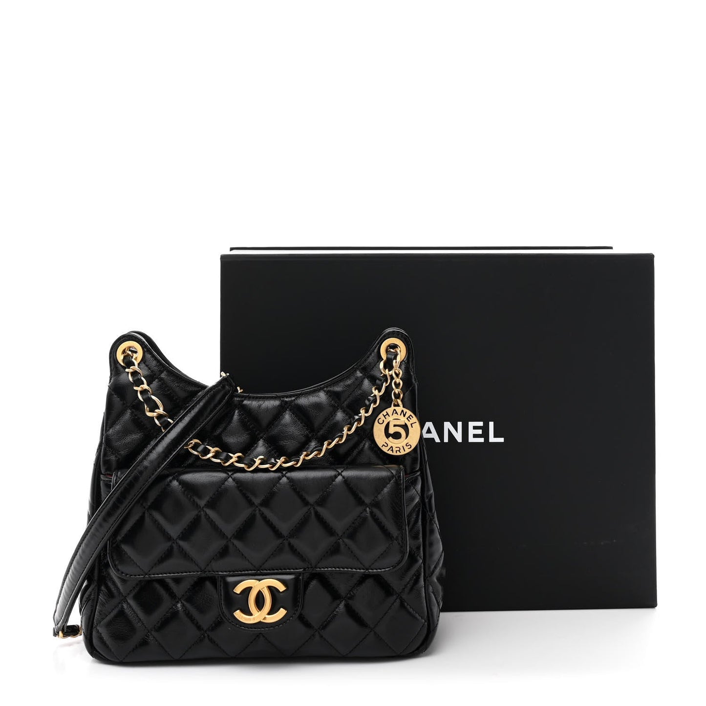 Shiny Crumpled Calfskin Quilted Wavy CC Hobo Black
