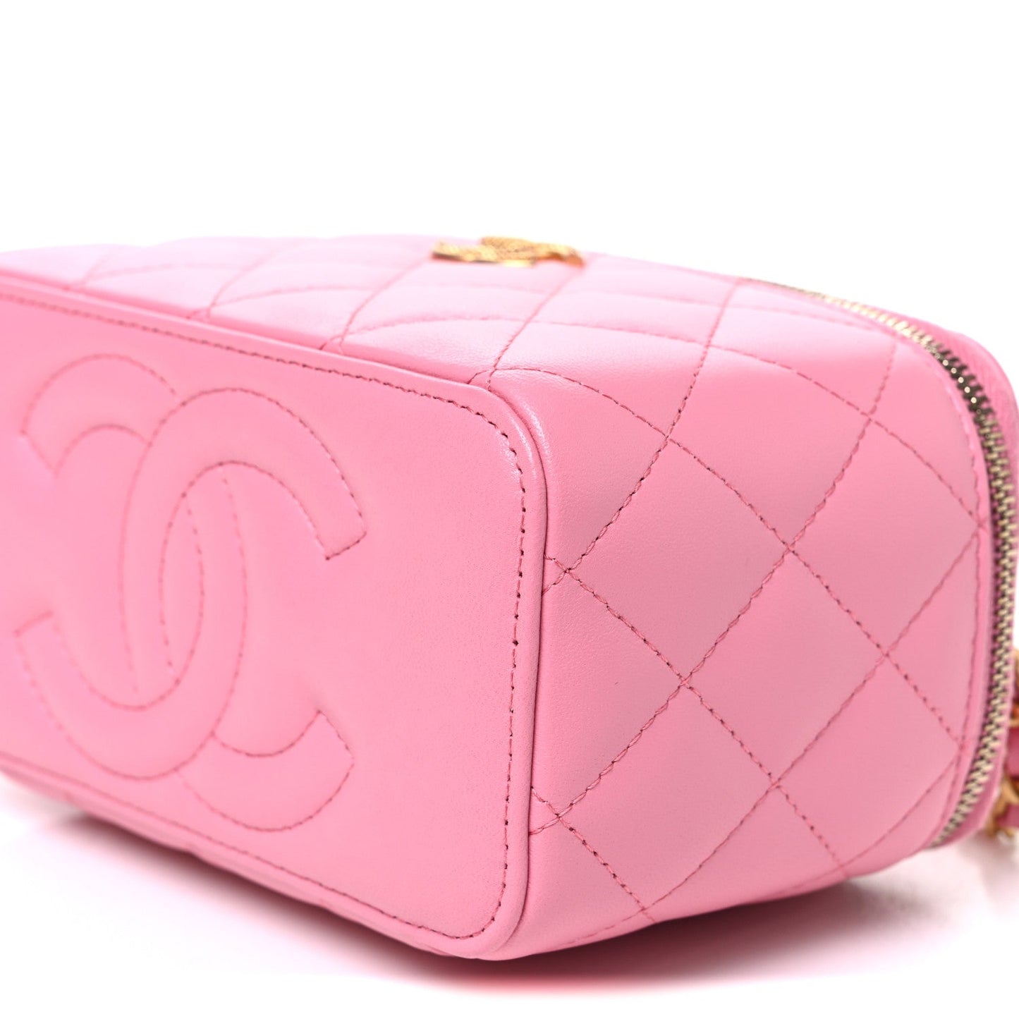 Lambskin Quilted Metal Twist Small Top Handle Vanity Case With Chain Pink