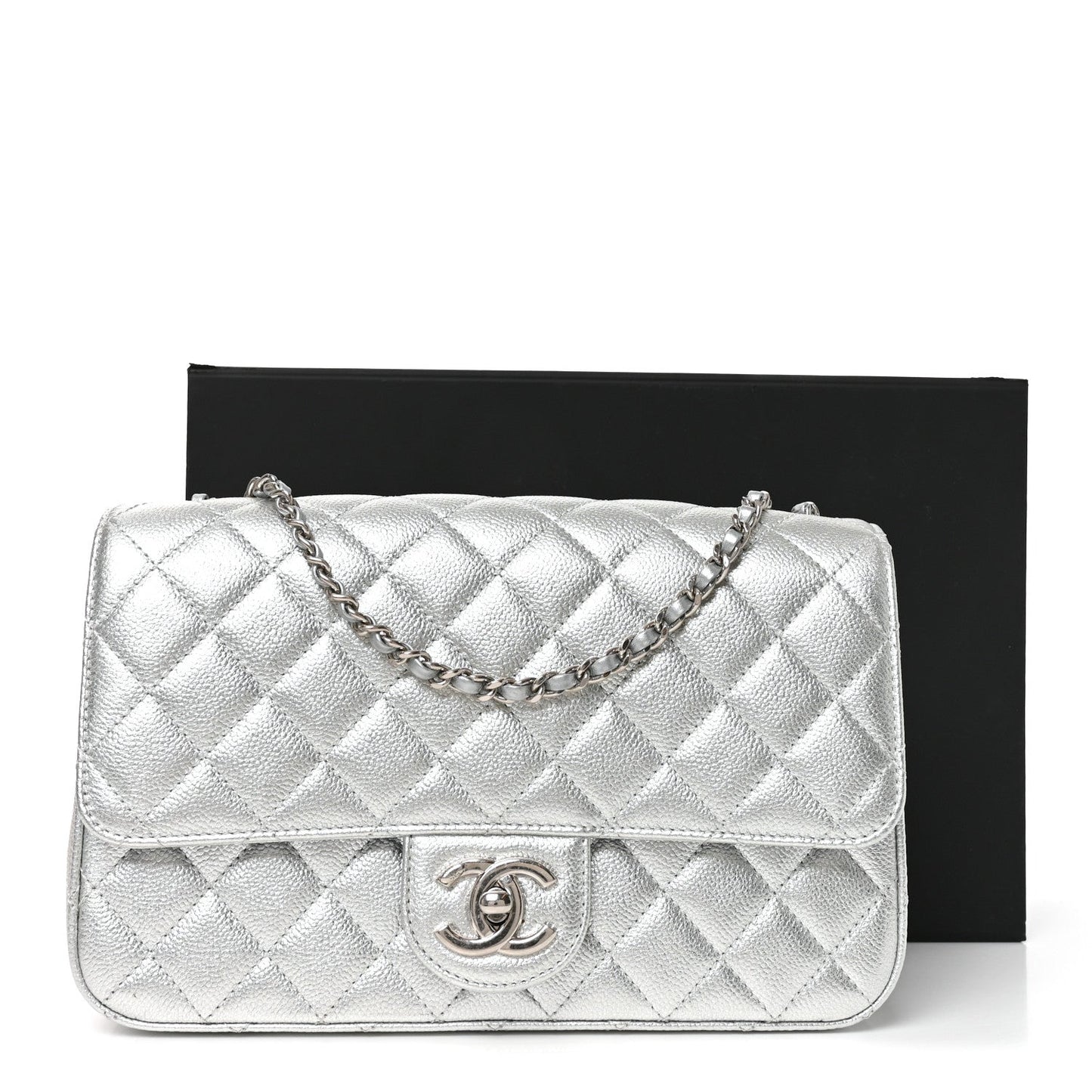 Metallic Caviar Quilted Medium CC Slide Flap Silver Silver