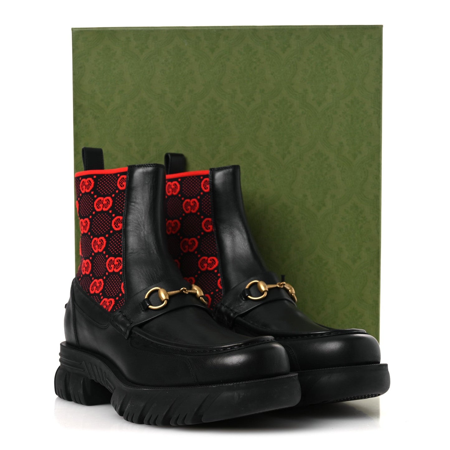 Quebec Calfskin Technical Jersey Knit GG Monogram Mens Horsebit Ankle Boots 11.5 Black Light Hibiscus Red