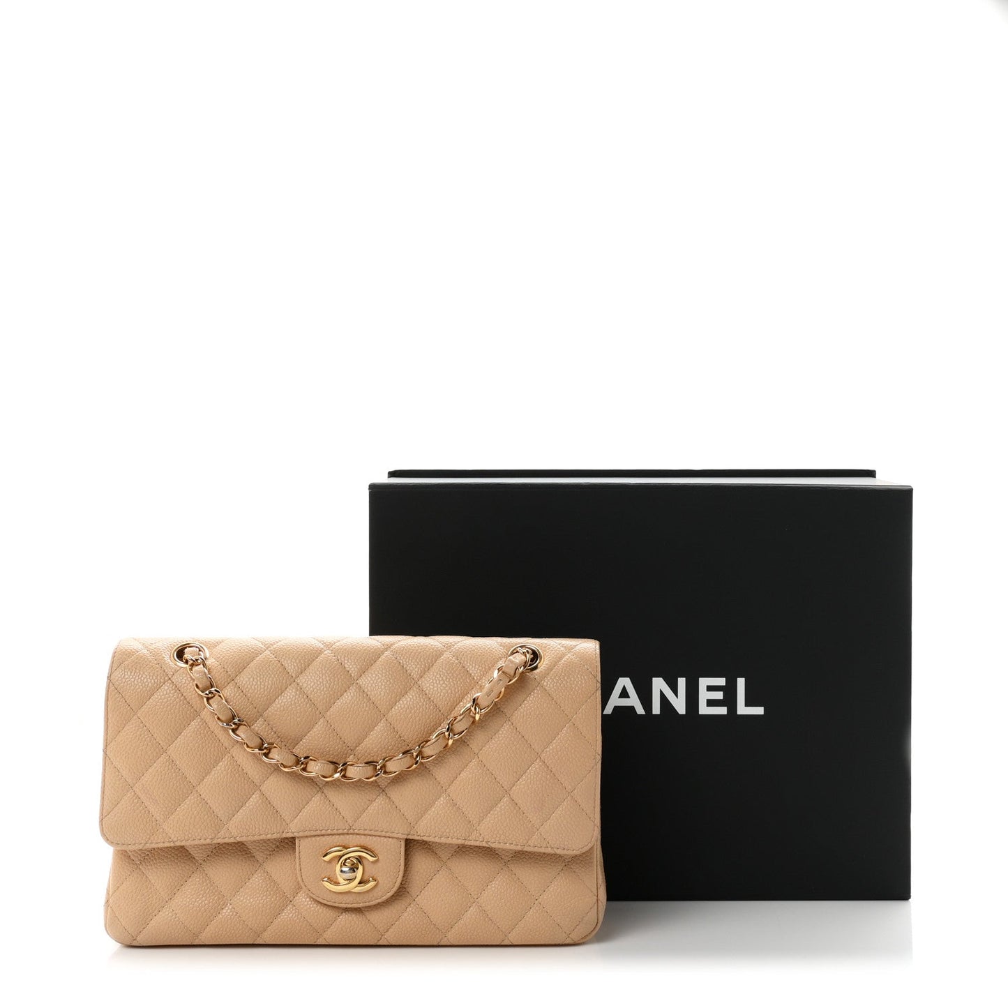 Caviar Quilted Medium Double Flap Beige
