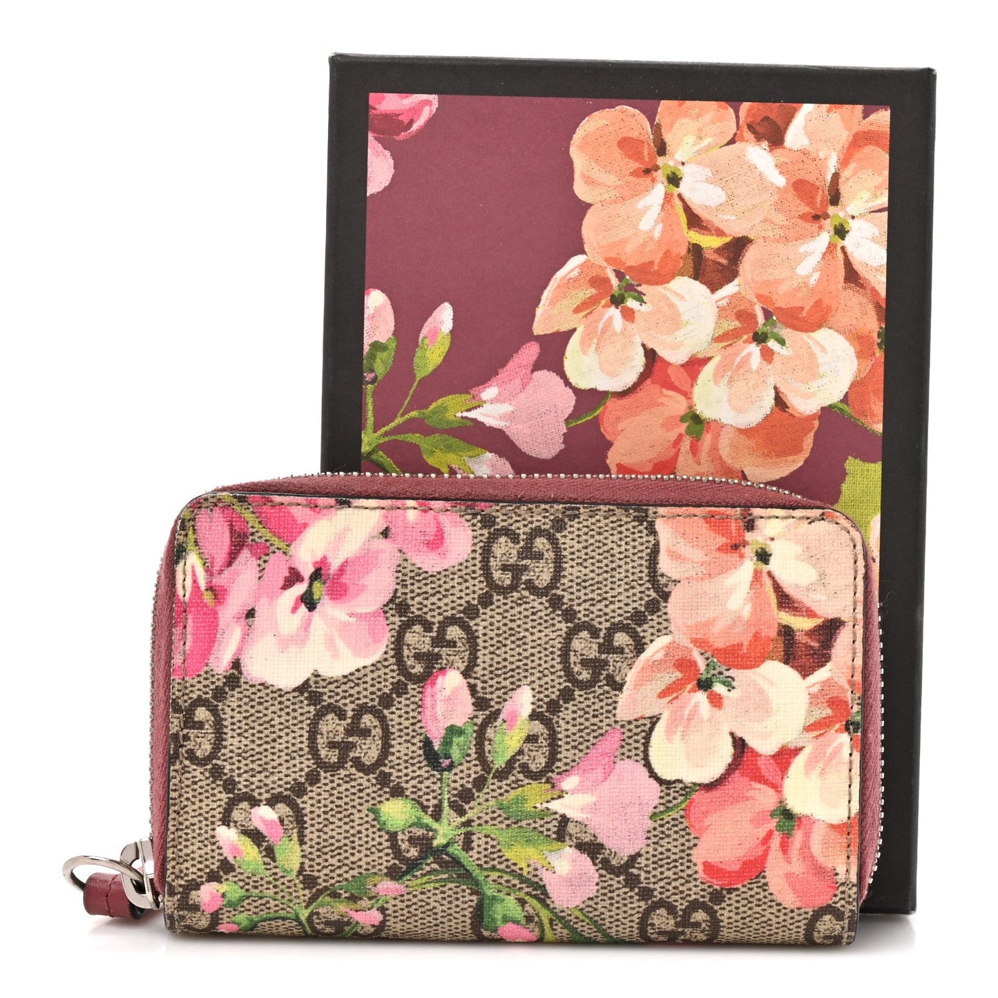 GG Supreme Monogram Blooms Zip Around Card Case Wallet Beige Multicolor Dry Rose