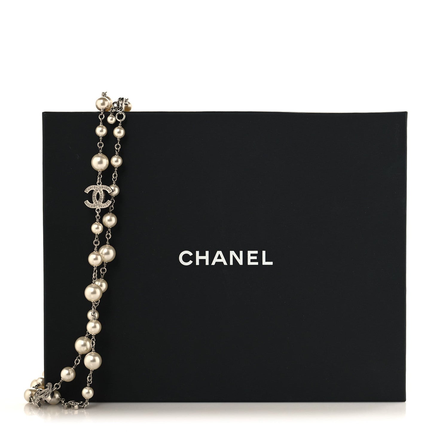 Graduated Pearl Crystal CC Long Necklace Silver