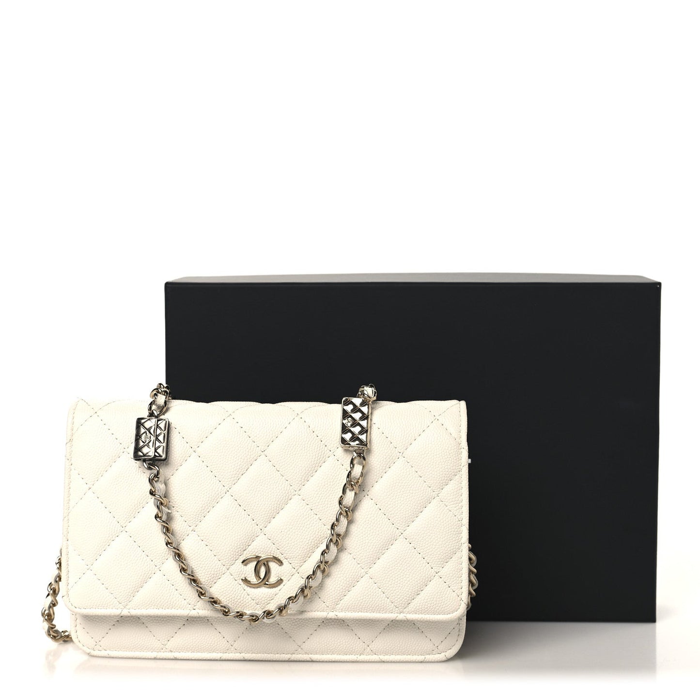 Shiny Caviar Quilted Flap Charm Wallet On Chain WOC White