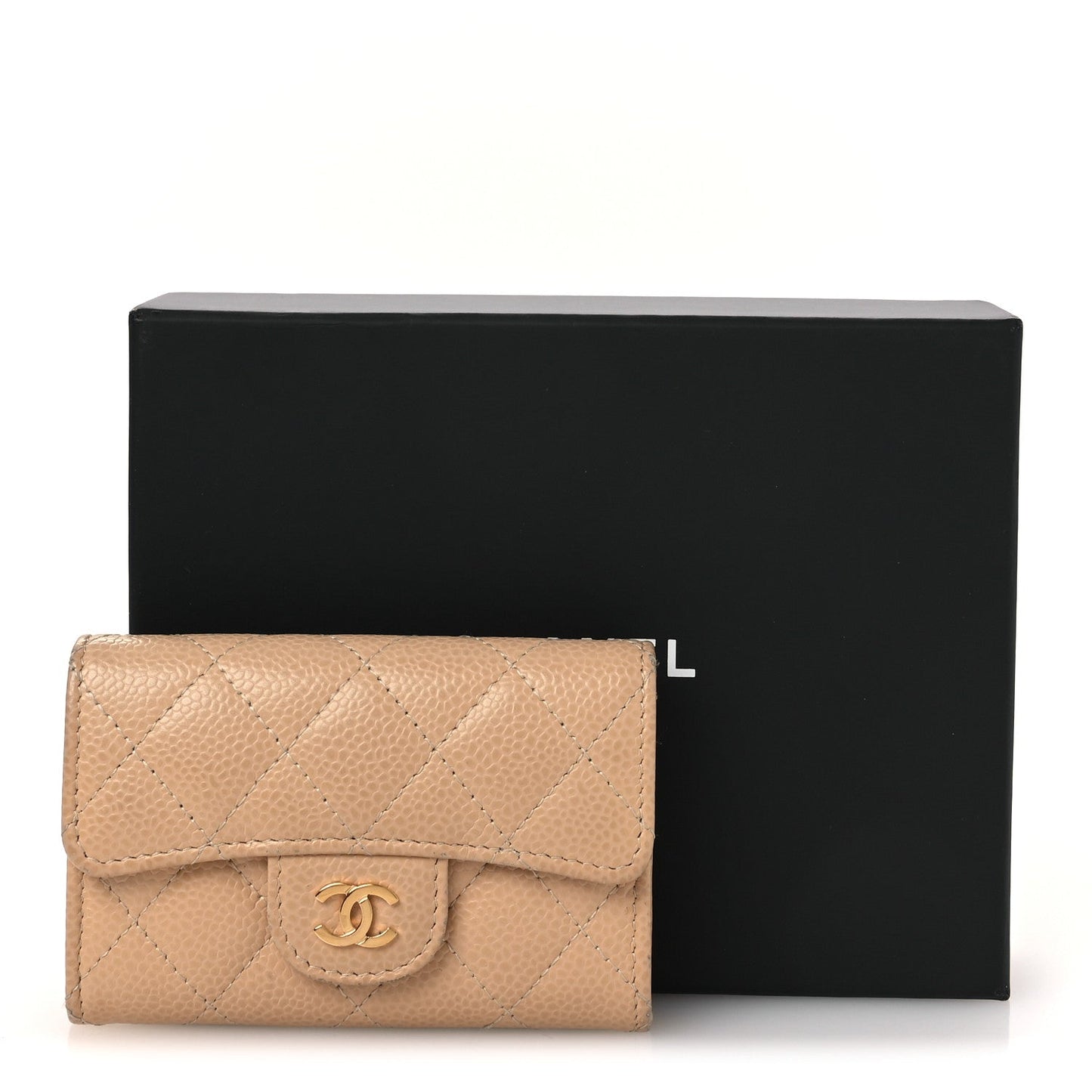 Caviar Quilted Flap Card Holder Wallet Beige