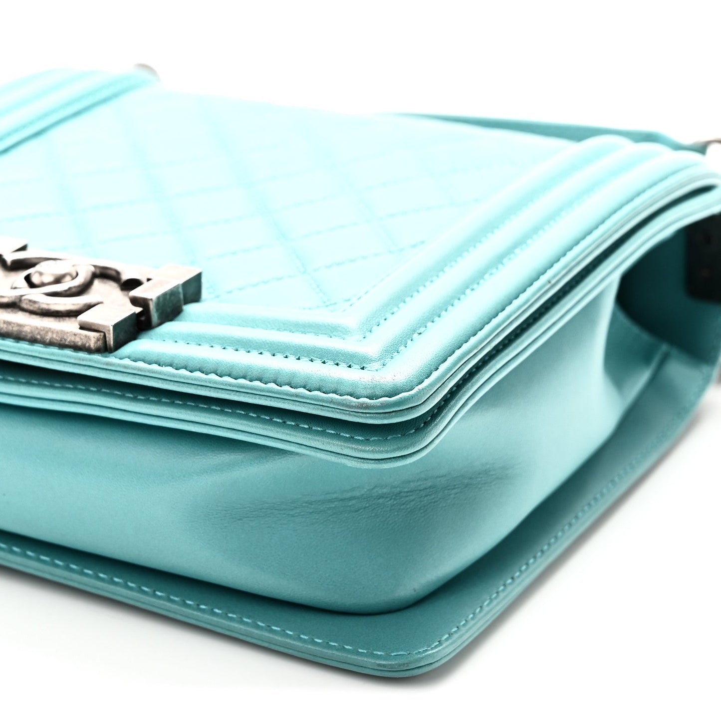 Calfskin Quilted North South Boy Flap Turquoise