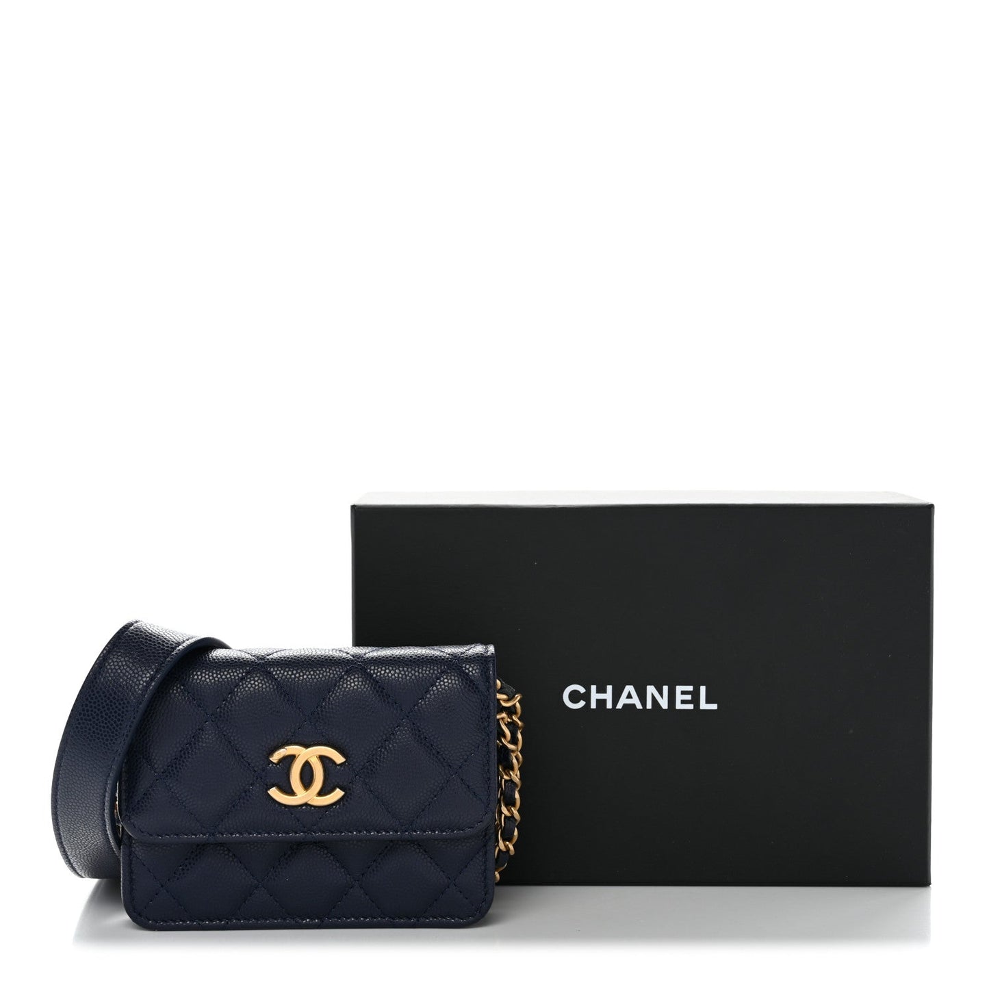 Caviar Quilted Twist Your Buttons Coin Purse With Chain Navy