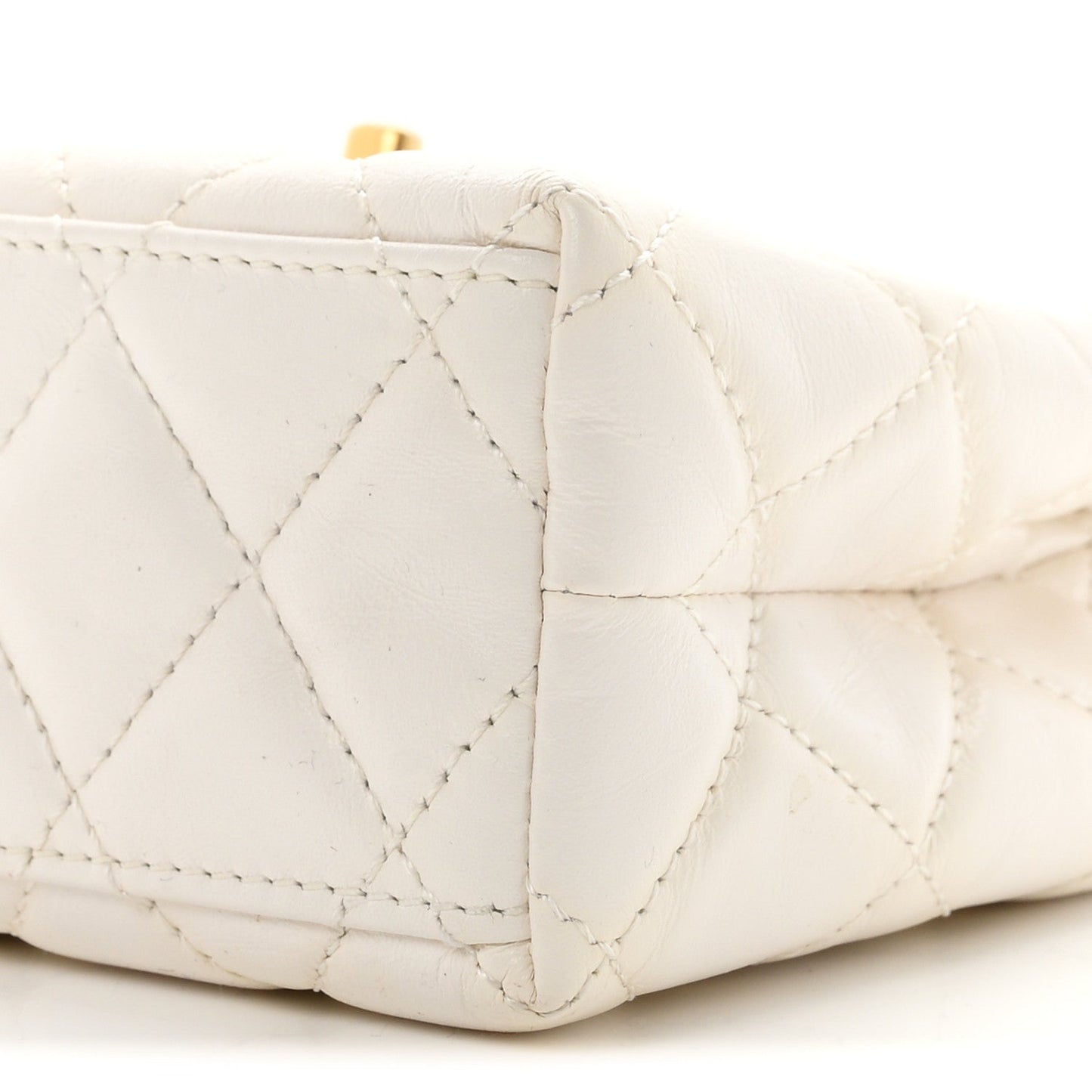 Shiny Aged Calfskin Quilted Nano Kelly Shopper White