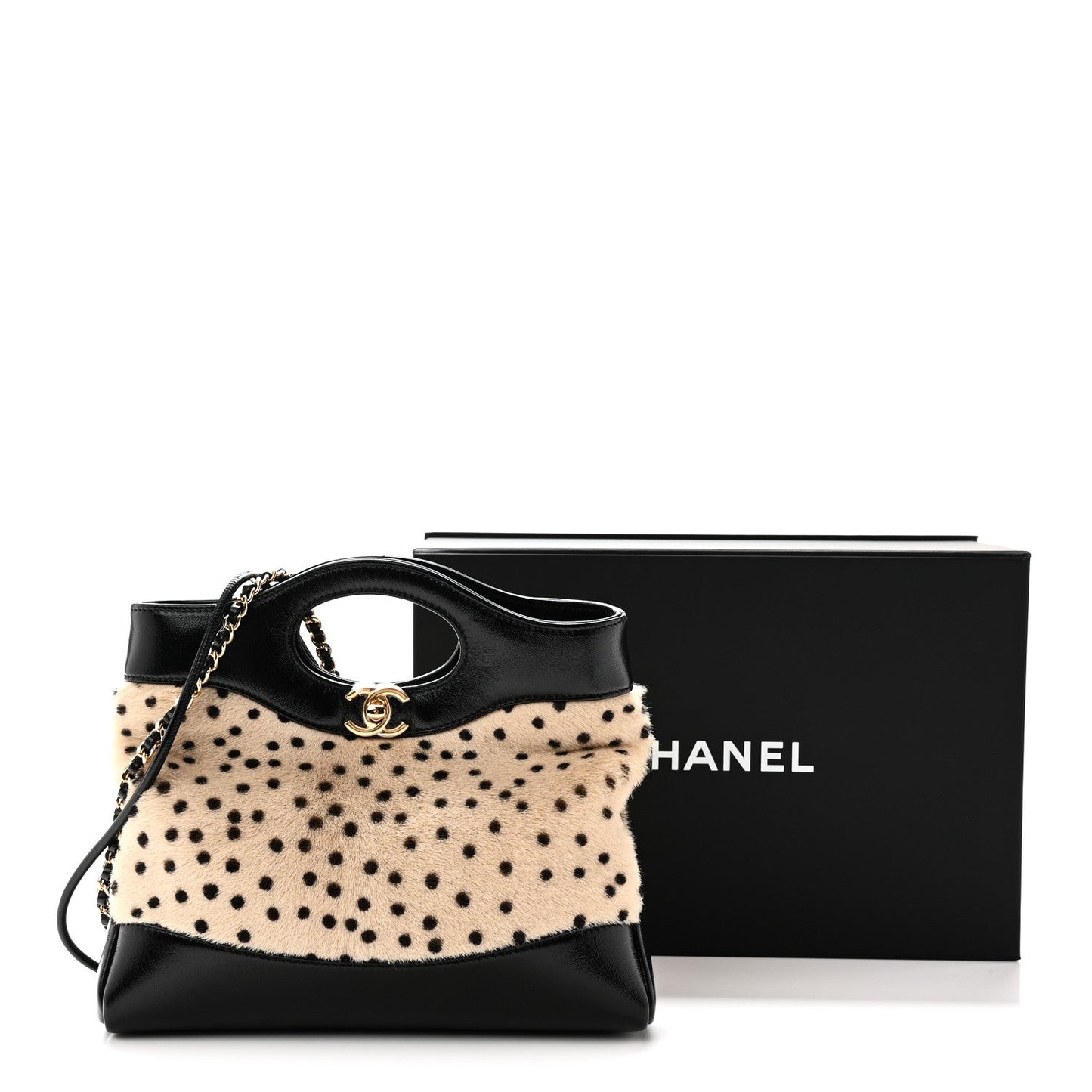 Shiny Lambskin Pony Hair Cheetah Printed Mini 31 Shopping Bag Light Beige Black