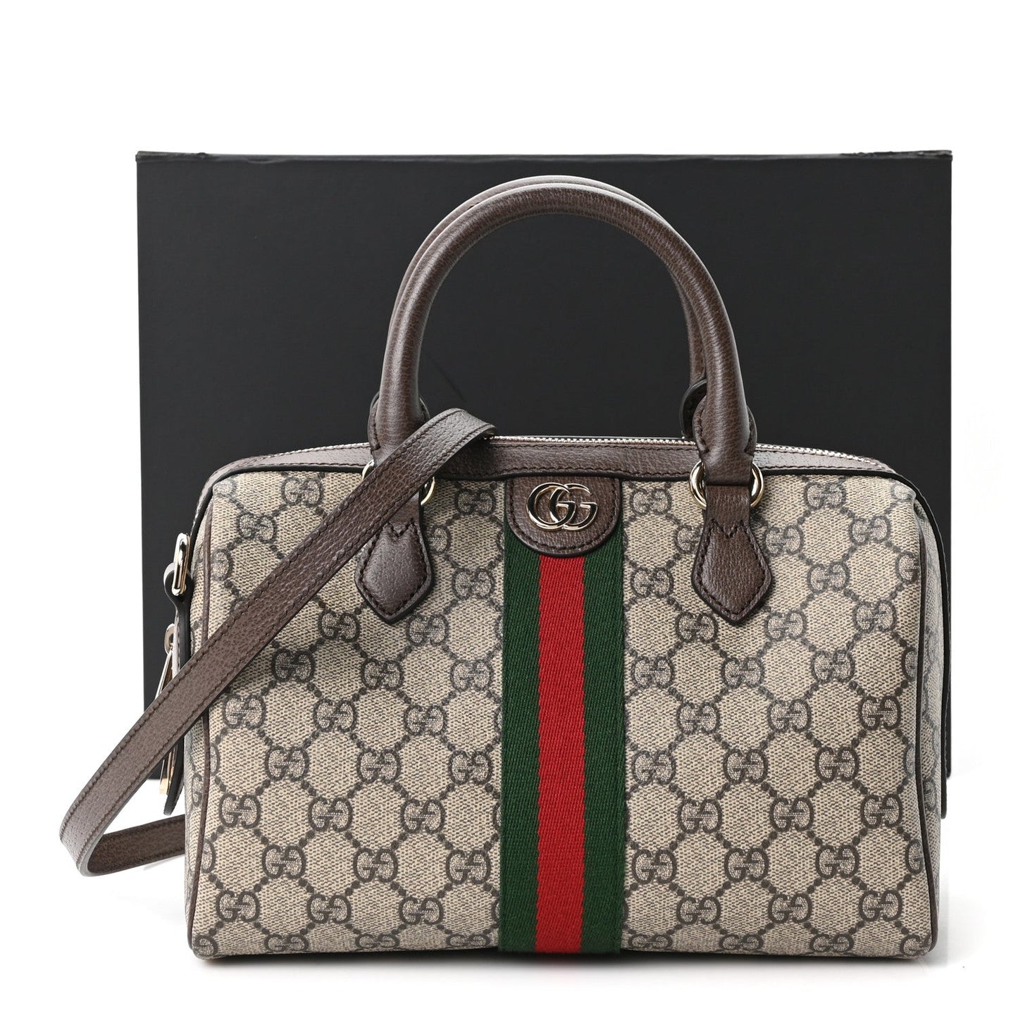 GG Supreme Monogram Web Medium Ophidia Top Handle Bag Beige Ebony New Acero