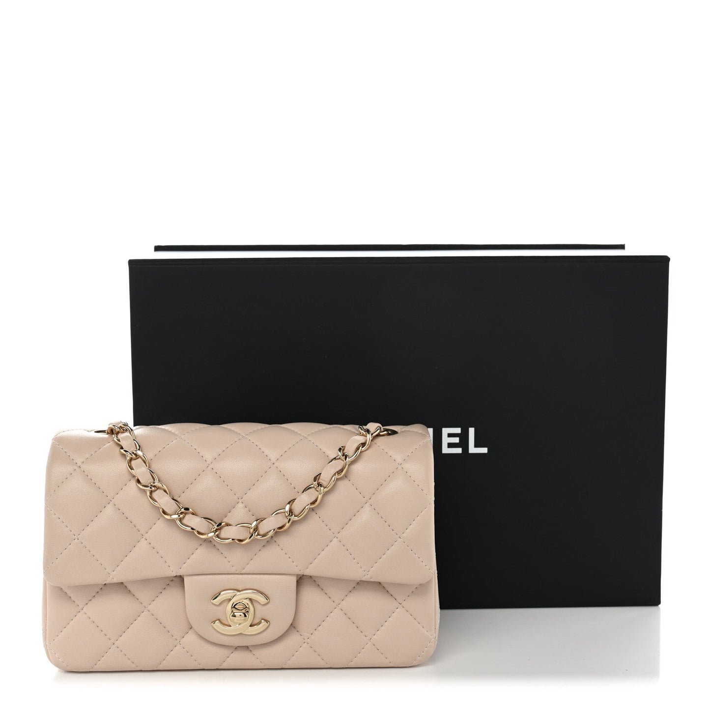 Lambskin Quilted Mini Rectangular Flap Light Beige