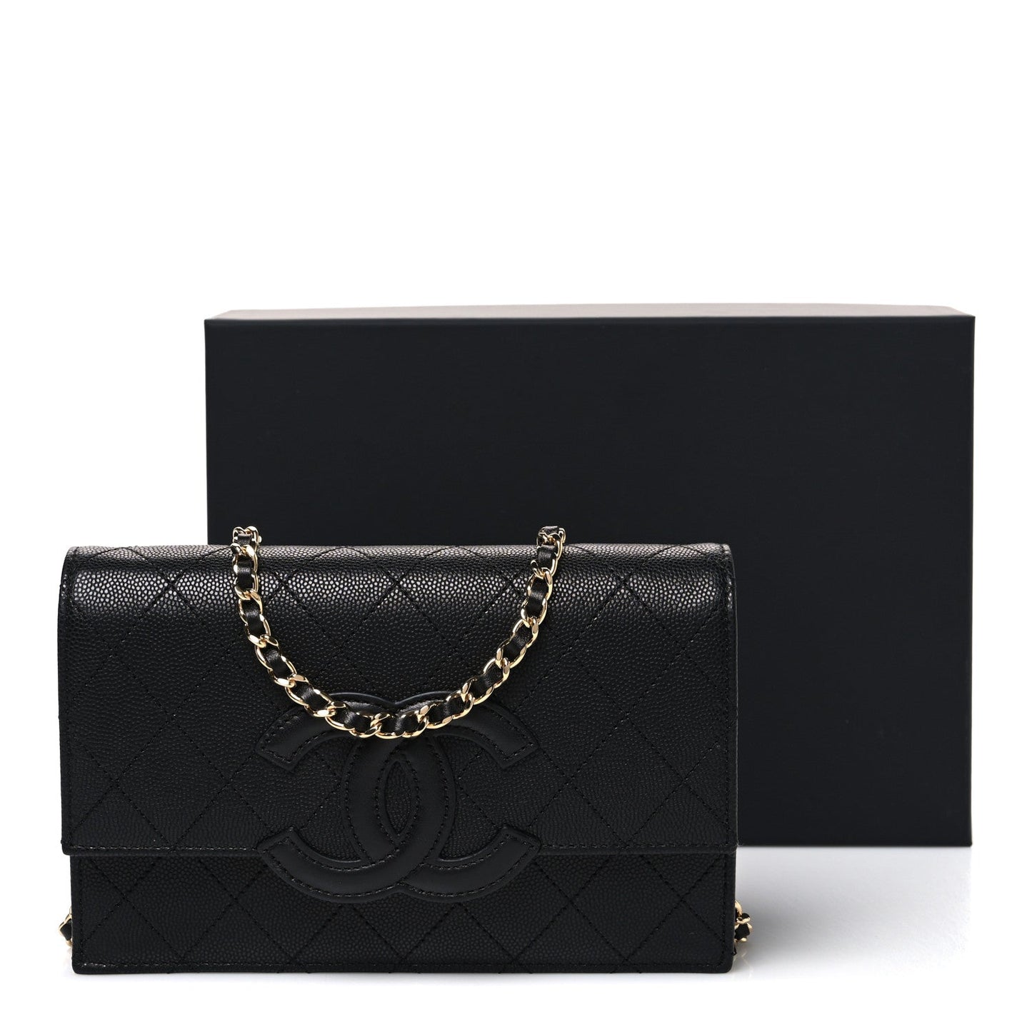 Shiny Caviar Lambskin Quilted CC Neo Filigree Wallet on Chain WOC Black