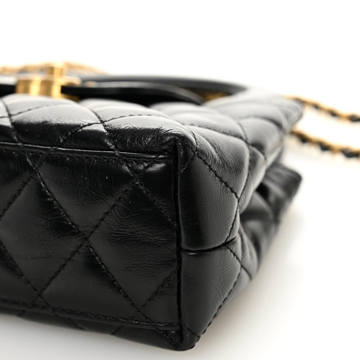 Shiny Aged Calfskin Quilted Nano Kelly Shopper Black