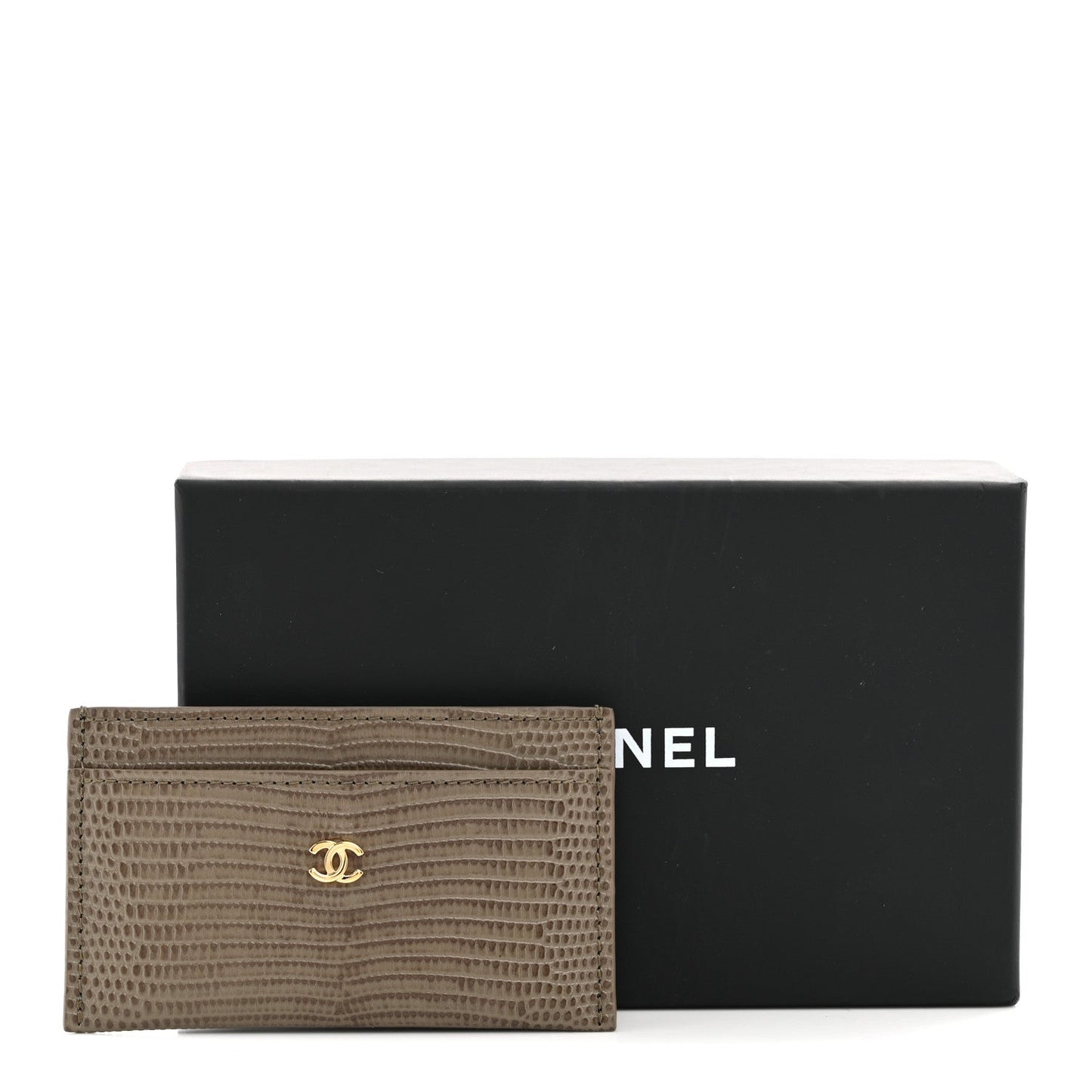 Calfskin Lizard Embossed Card Holder Gold Dark Khaki