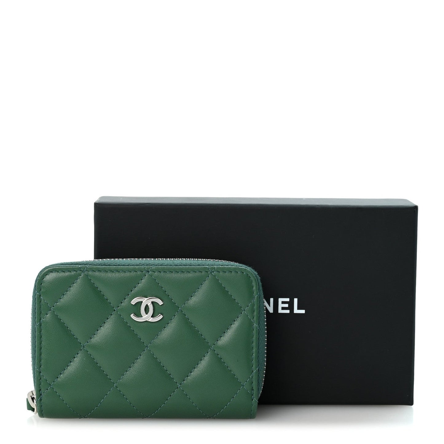 Lambskin Quilted Zip Around Coin Purse Wallet Green