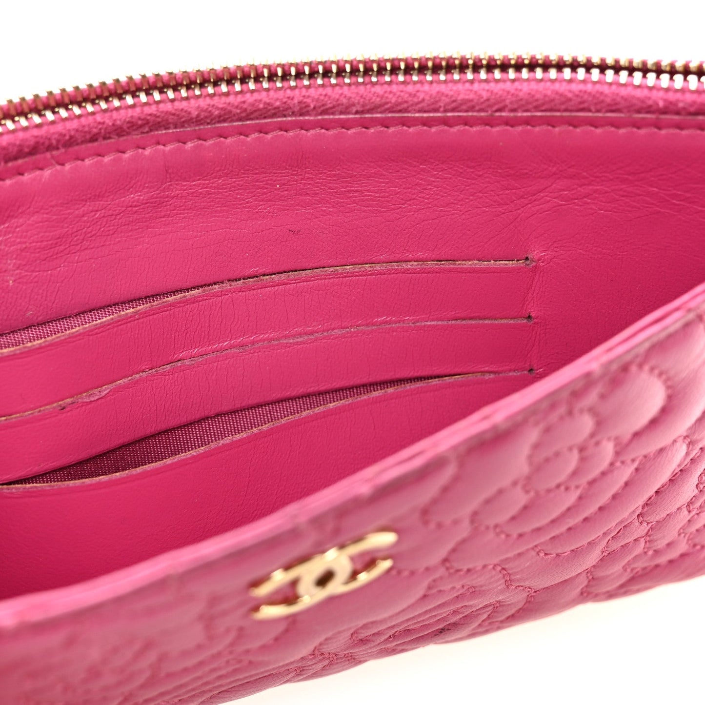 Lambskin Camellia Embossed Classic Zip Pouch Pink