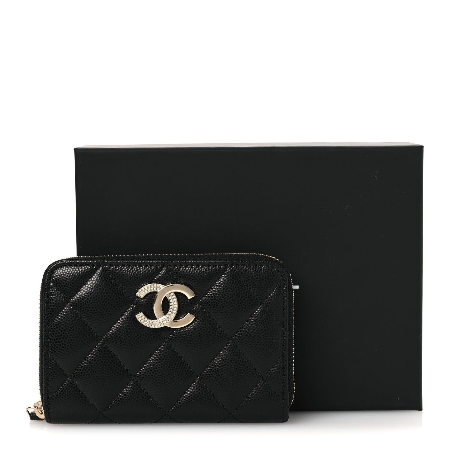 Caviar Quilted Crystal Zip Around Coin Purse Wallet Black