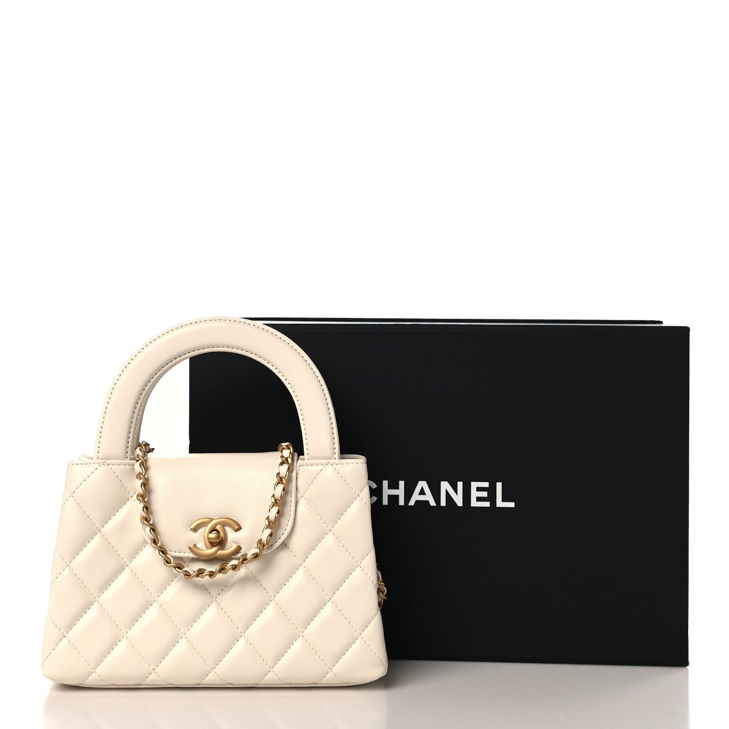 Shiny Aged Calfskin Quilted Nano Kelly Shopper White