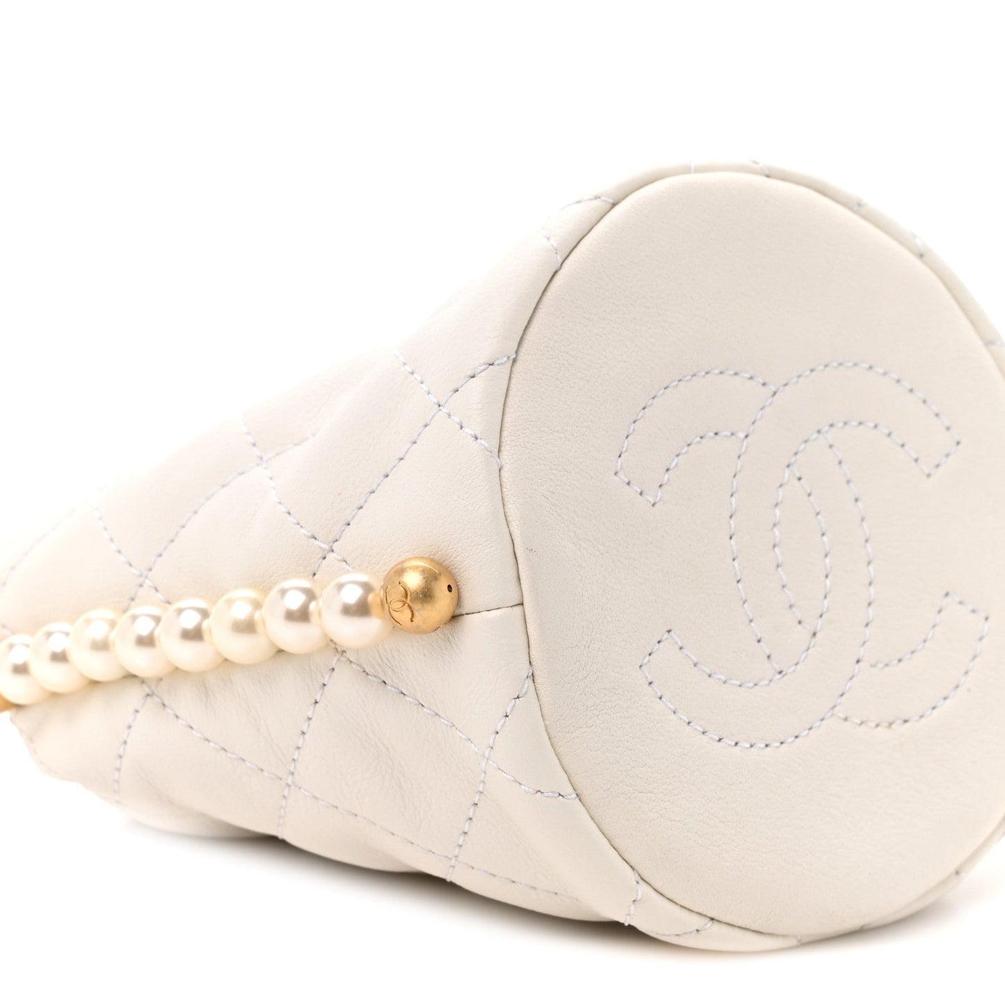 Calfskin Quilted Pearl Mini About Pearls Drawstring Bucket Bag White