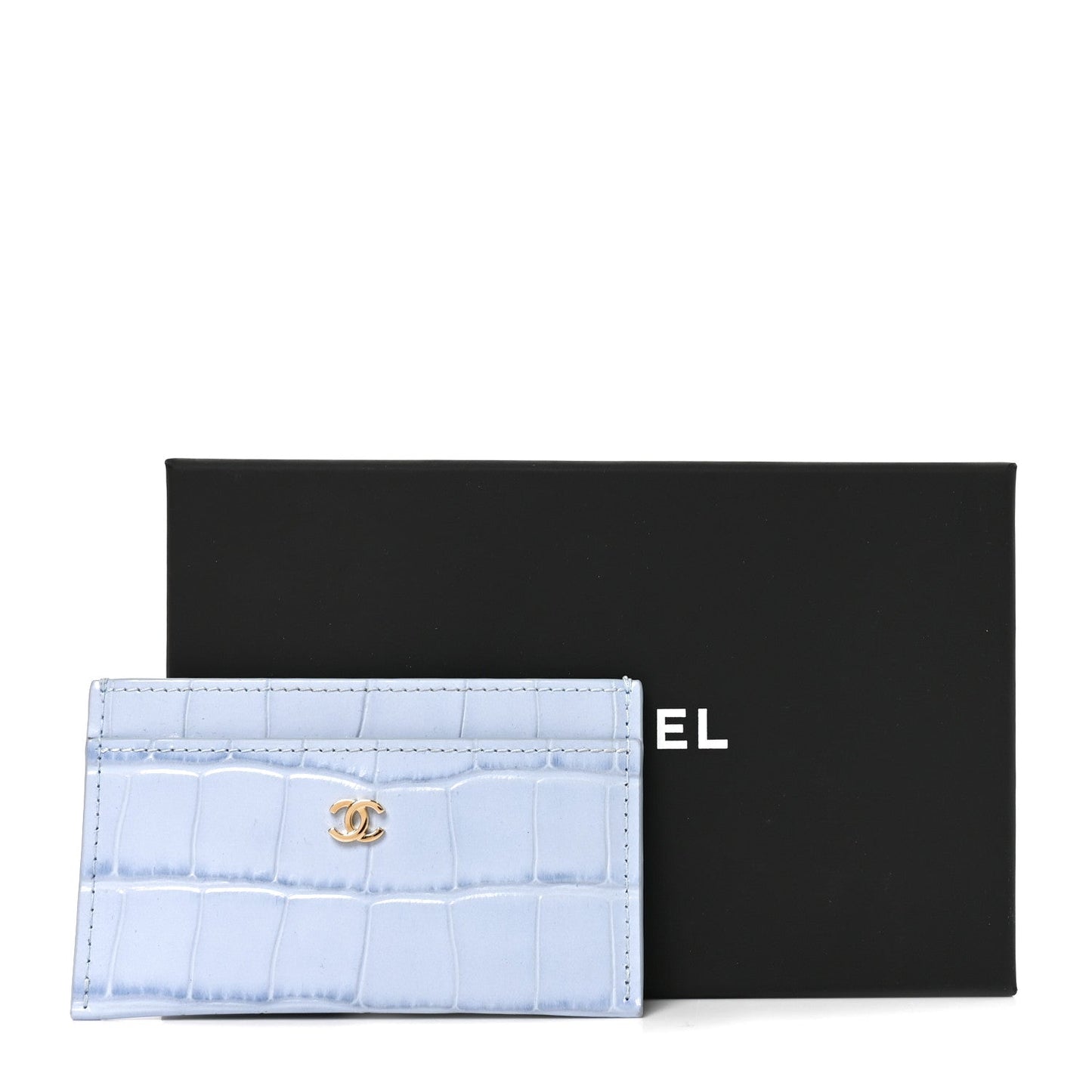 Calfskin Crocodile Embossed Crococo Card Holder Light Blue