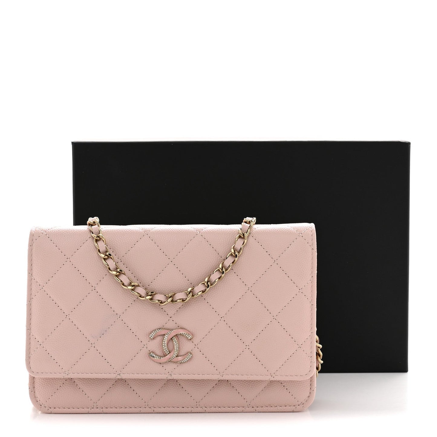 Caviar Quilted Crystal Enamel CC Wallet On Chain WOC Light Pink