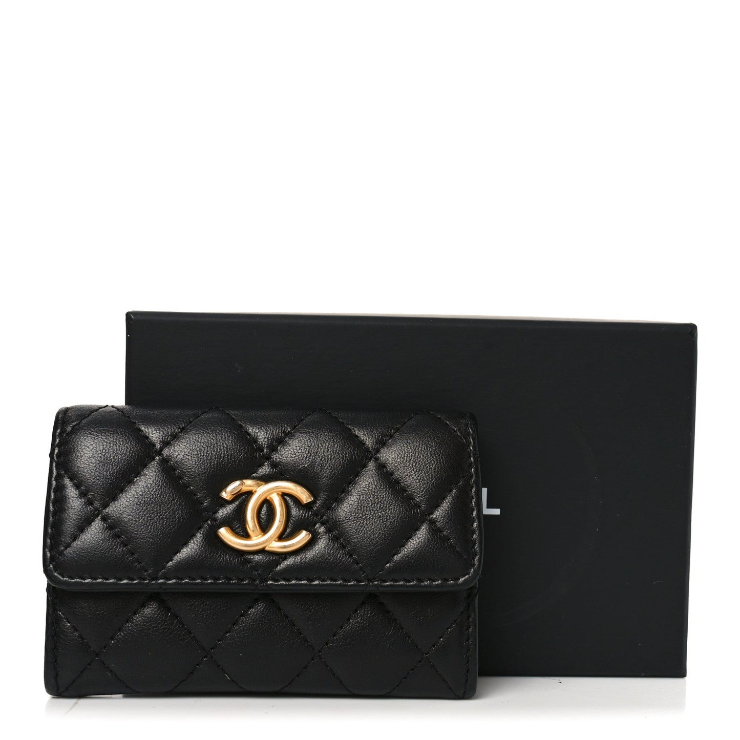 Lambskin Quilted Flap Card Holder Black