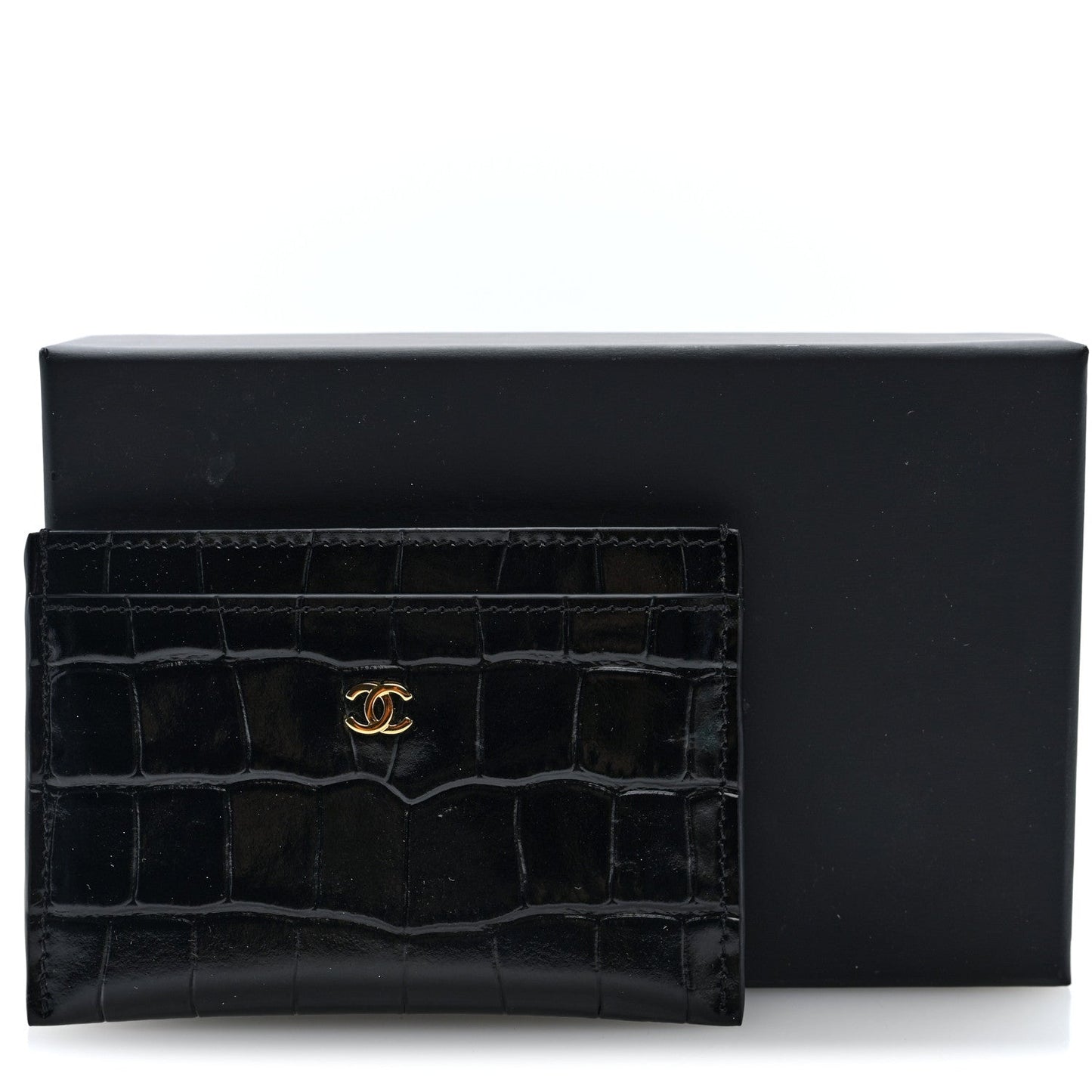 Calfskin Crocodile Embossed Crococo Card Holder Black