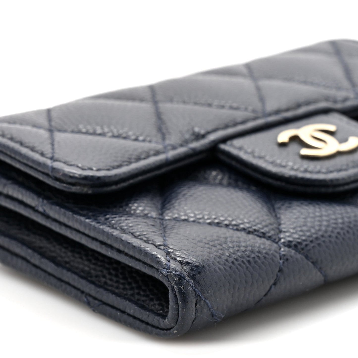 Caviar Quilted Flap Card Holder Wallet Navy Blue