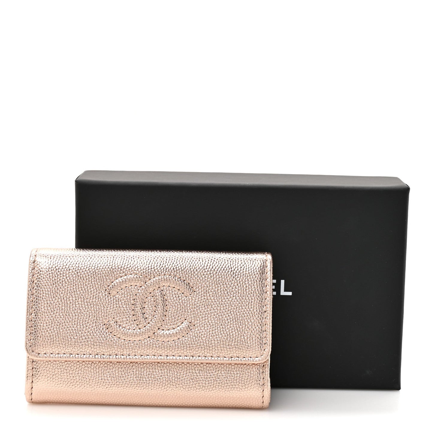 Metallic Caviar Quilted CC Flap Card Holder Copper
