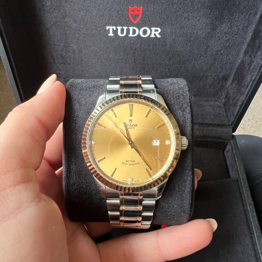 Tudor Style Automatic Diamonds Gold Dial Two Tone Steel Strap Watch for Men - M12713-0007