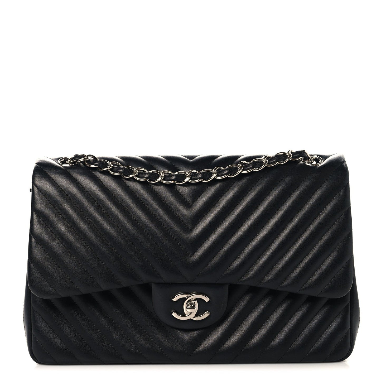 Lambskin Chevron Quilted Jumbo Double Flap Black