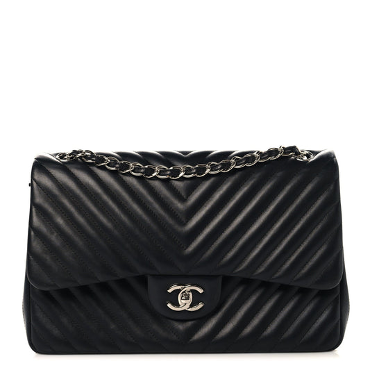Lambskin Chevron Quilted Jumbo Double Flap Black