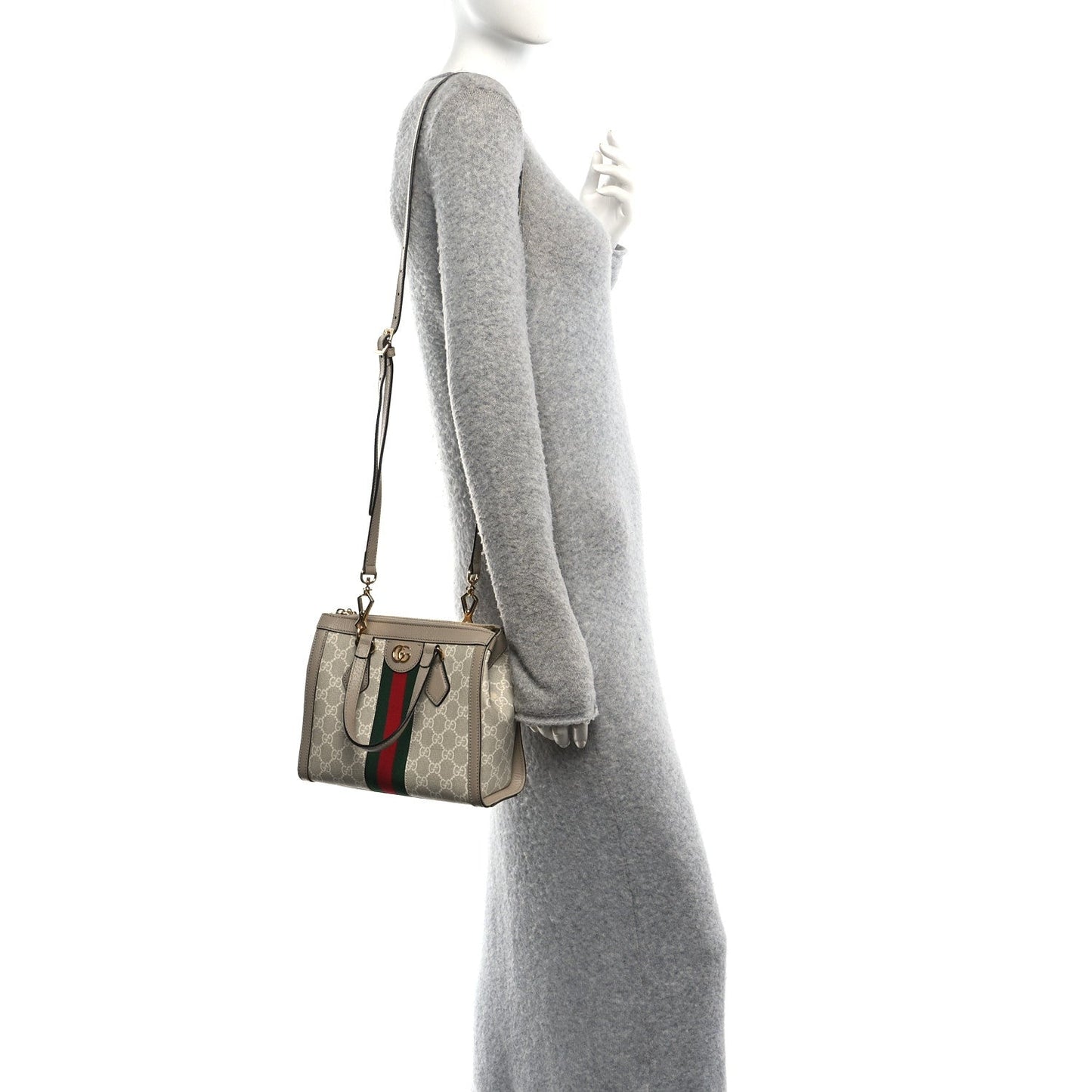 GG Supreme Monogram Textured Dollar Calfskin Web Small Ophidia Tote Bag Beige Mystic White Oatmeal