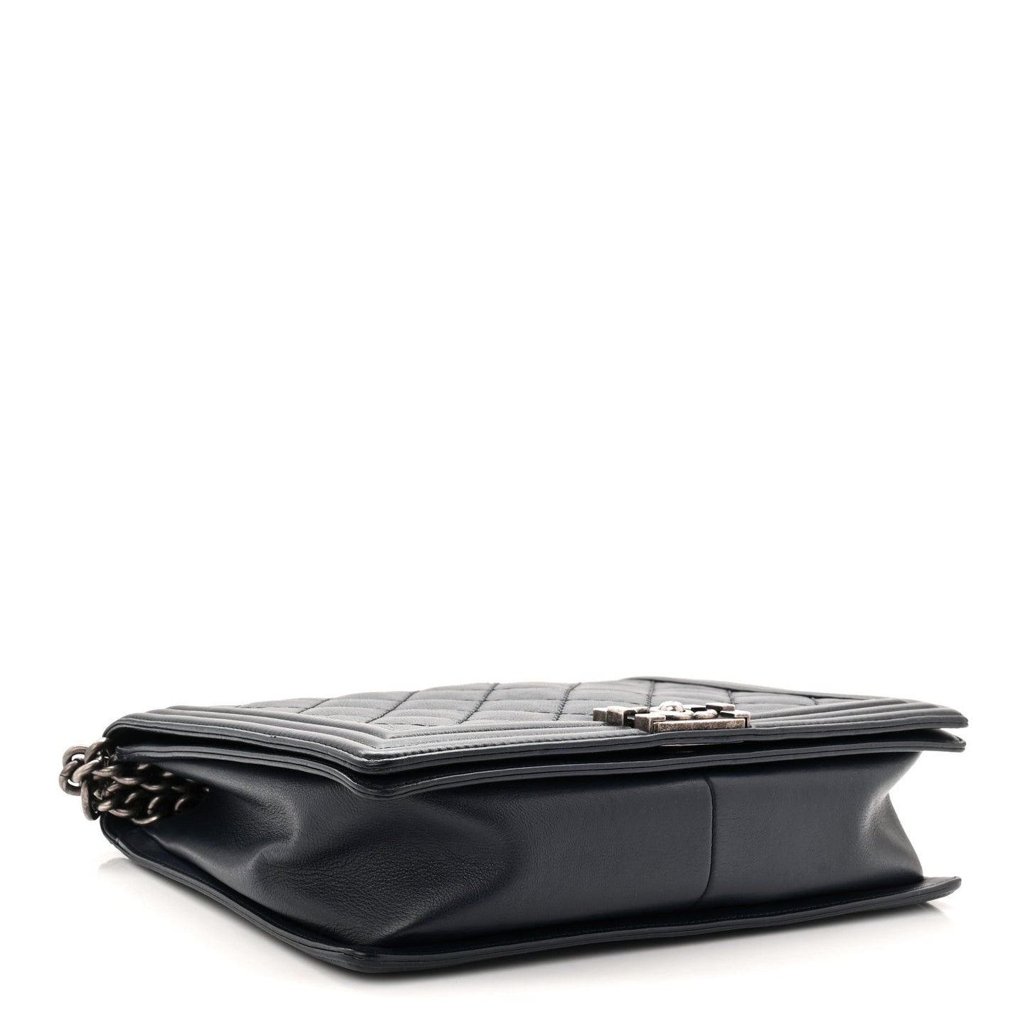 Calfskin Double Stitch Large Boy Flap Navy Blue