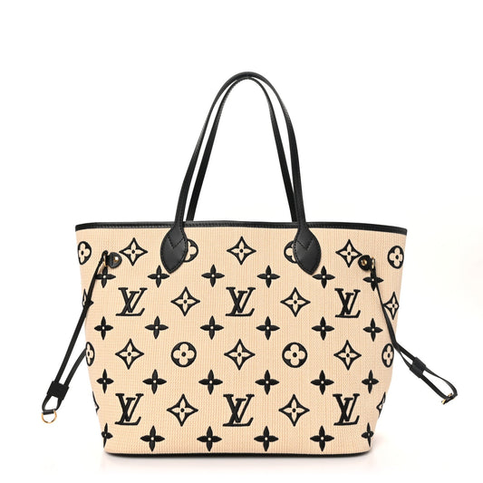 Cotton Monogram Embroidered Neverfull MM Beige Black
