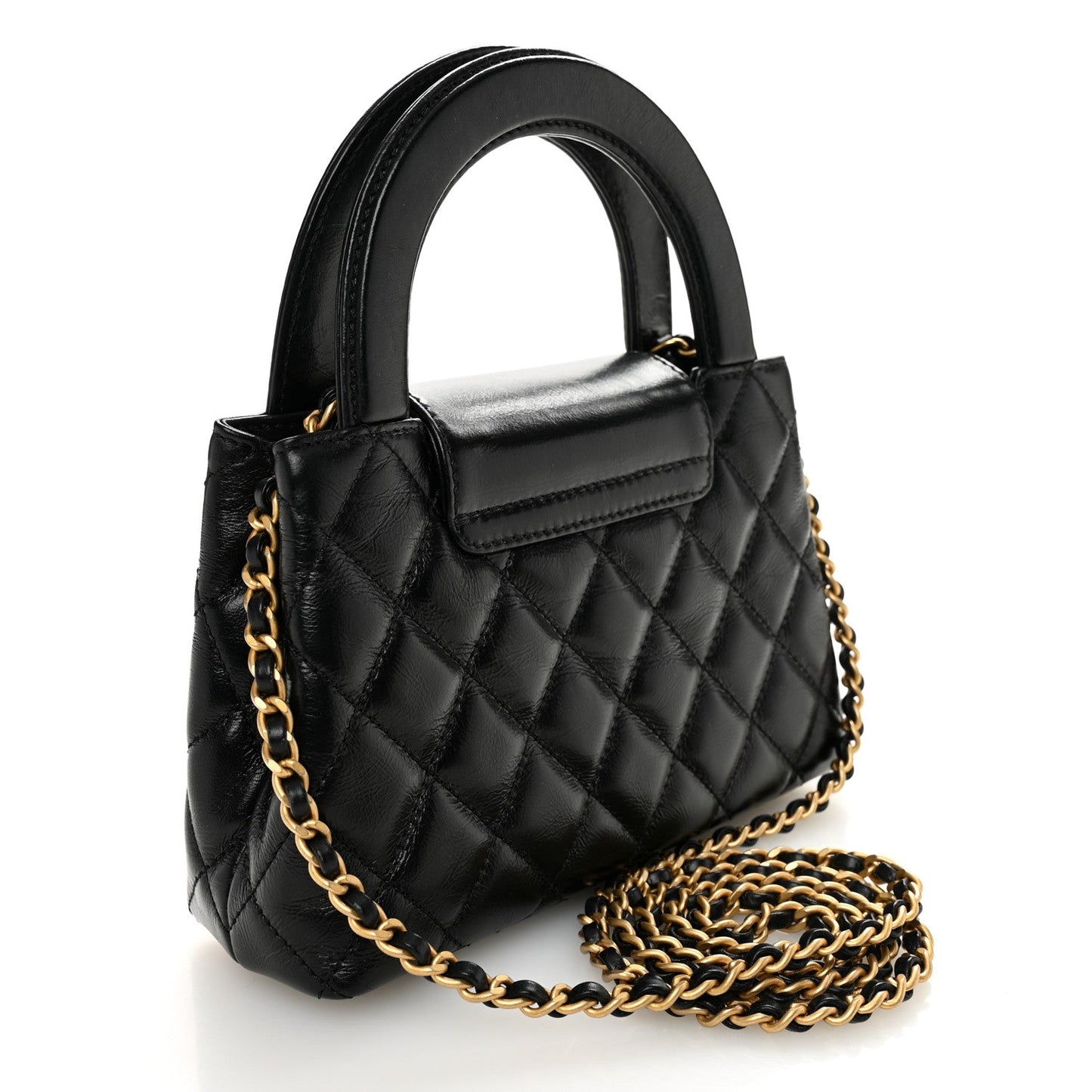 Shiny Aged Calfskin Quilted Nano Kelly Shopper Black