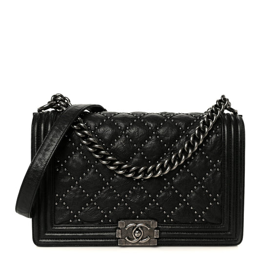 Crumpled Lambskin New Medium Studded Boy Flap Black