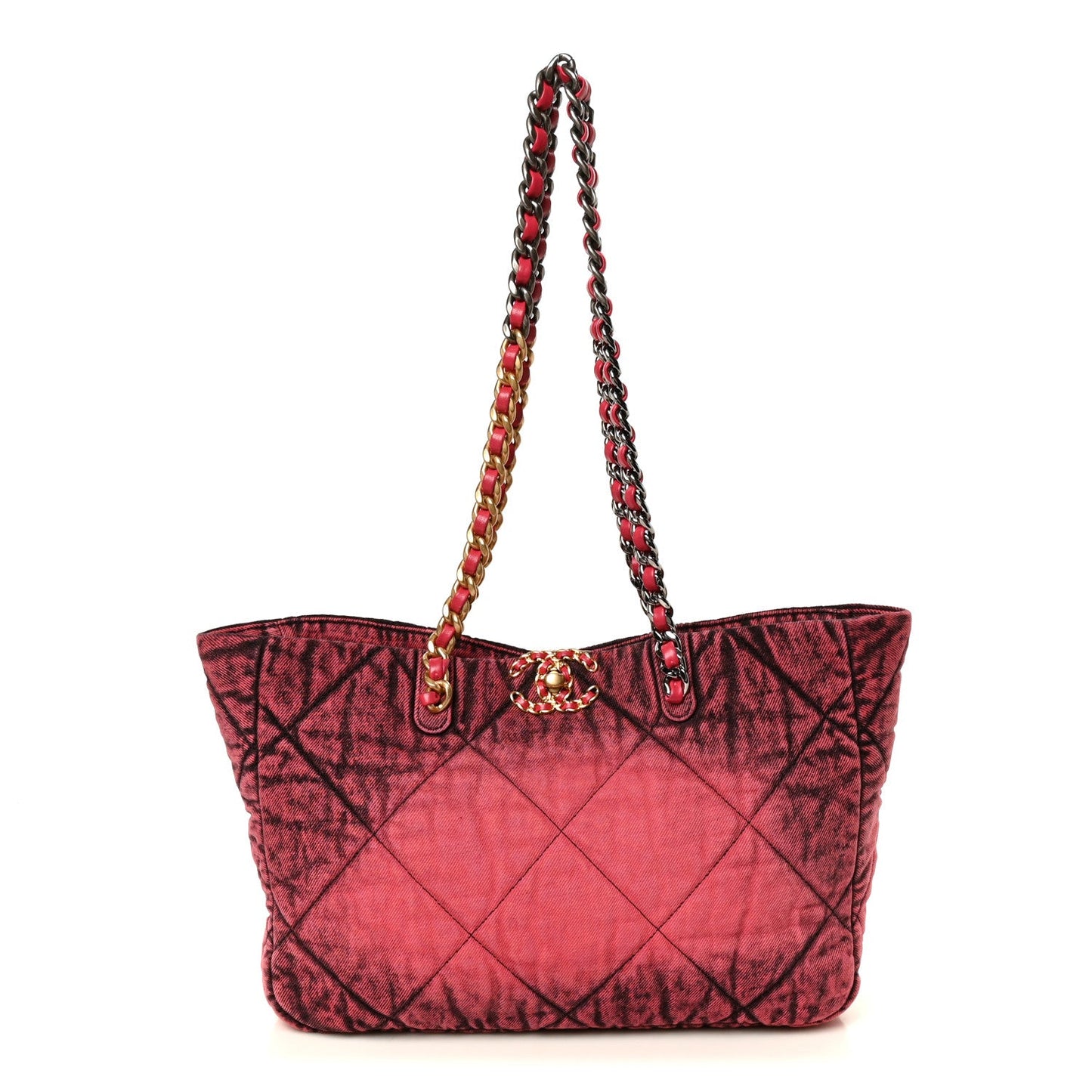 Washed Denim Quilted Chanel 19 East West Shopping Bag Pink