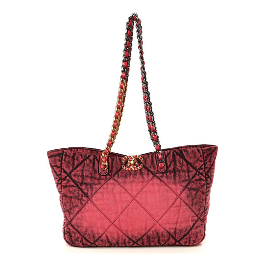 Washed Denim Quilted Chanel 19 East West Shopping Bag Pink