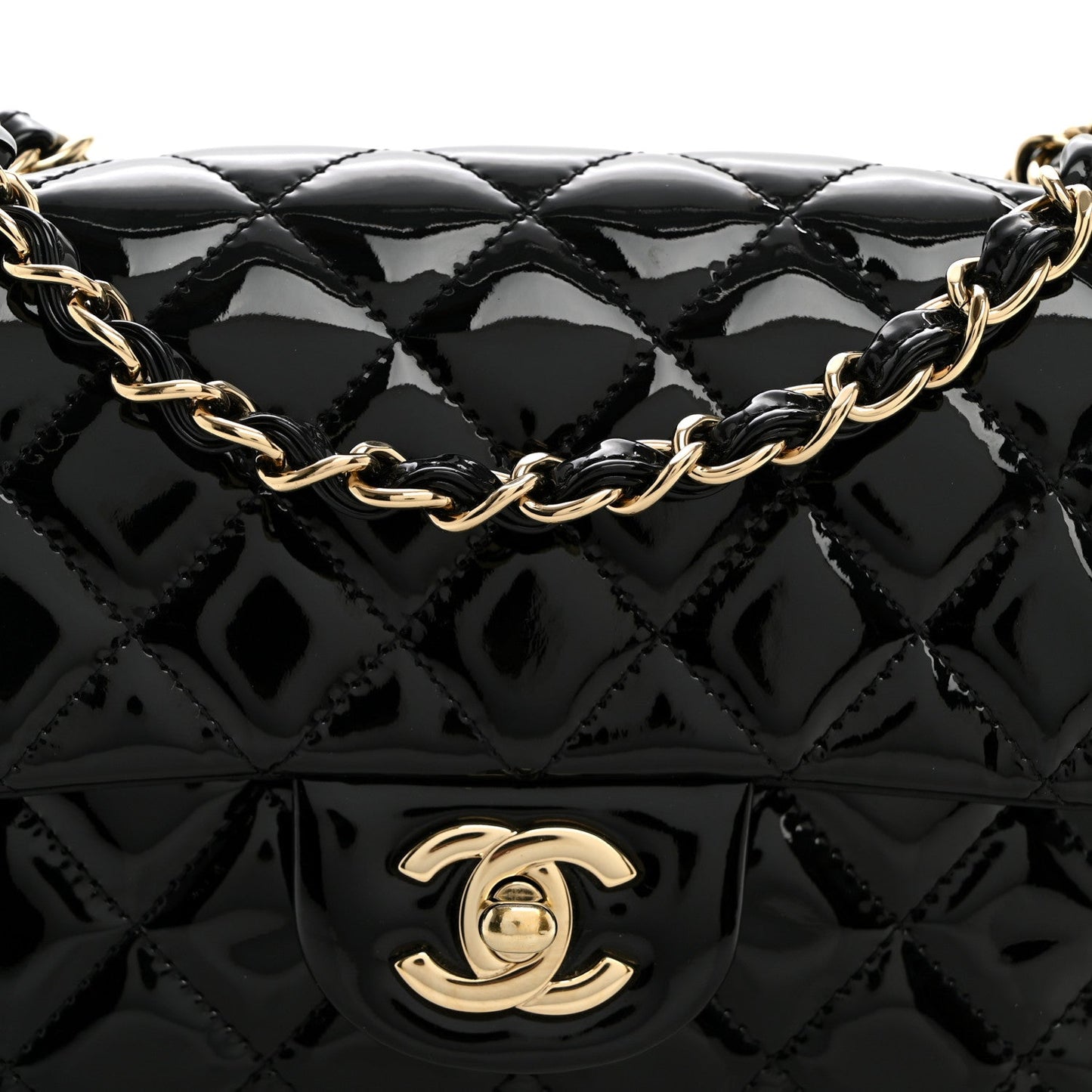 Patent Calfskin Quilted Mini Rectangular Flap Black