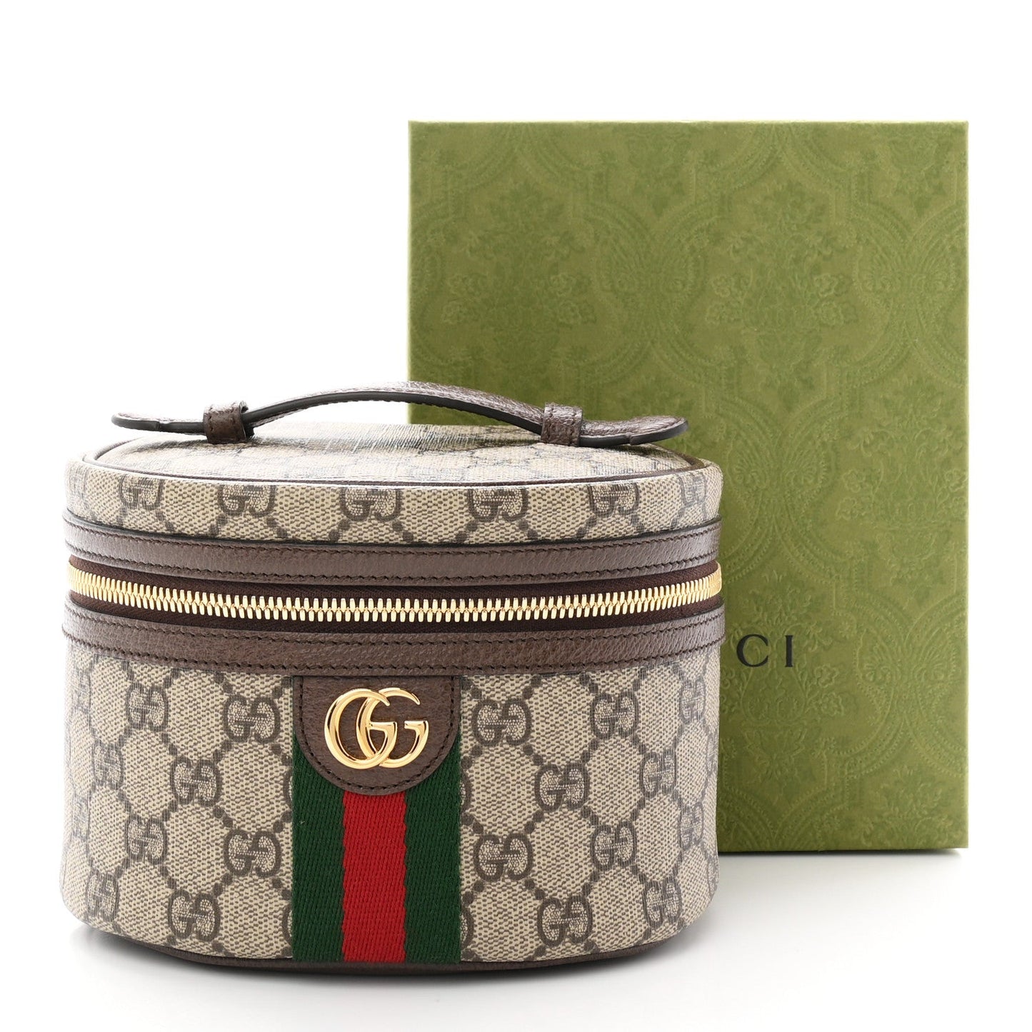 GG Supreme Monogram Textured Calfskin Web Ophidia Vanity Cosmetic Case Beige Ebony New Acero