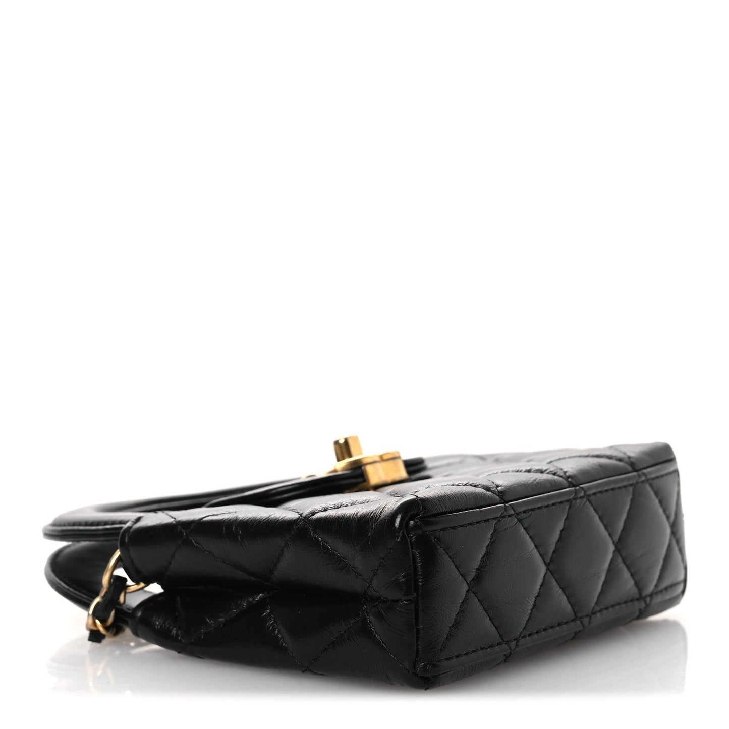 Shiny Aged Calfskin Quilted Mini Nano Kelly Shopper Black