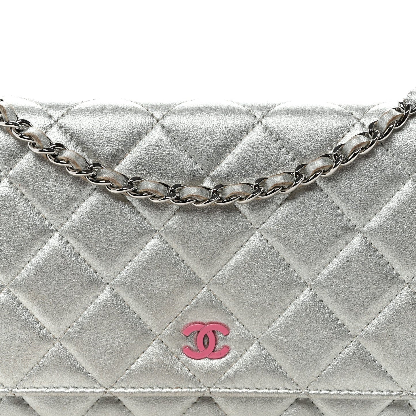 Metallic Lambskin Quilted Wallet On Chain WOC Silver