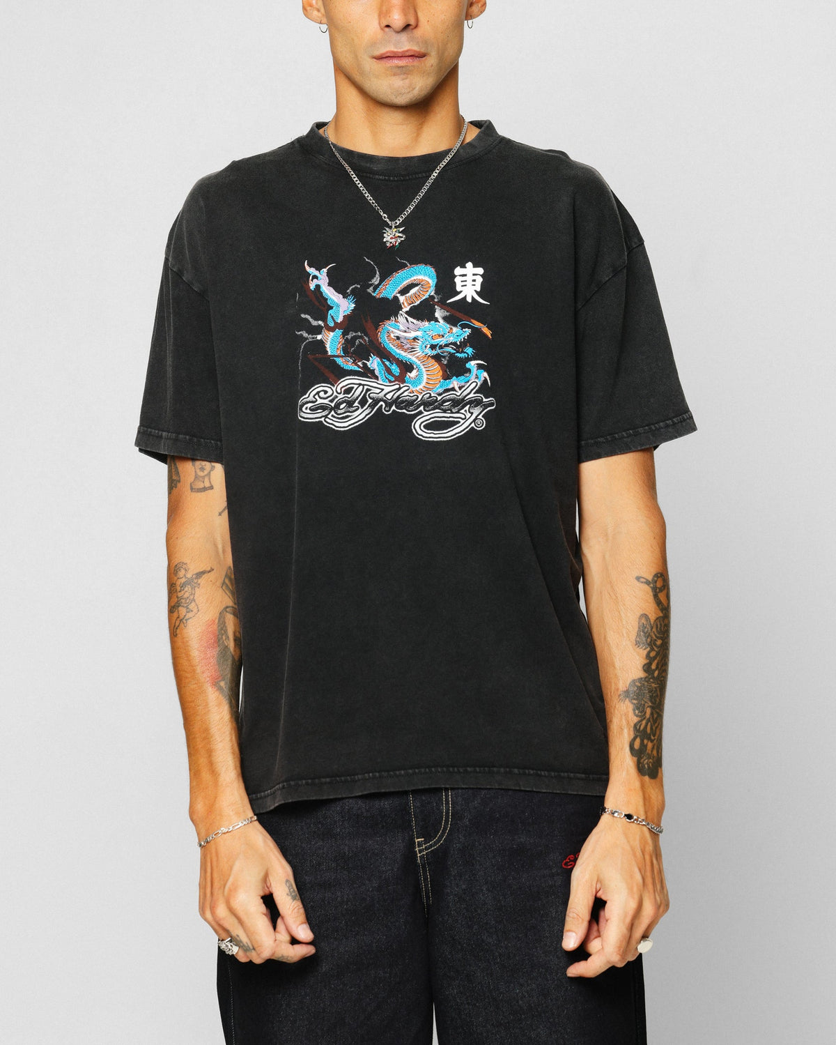 Ed Hardy Dragon Chest T-Shirt Black Acidwash
