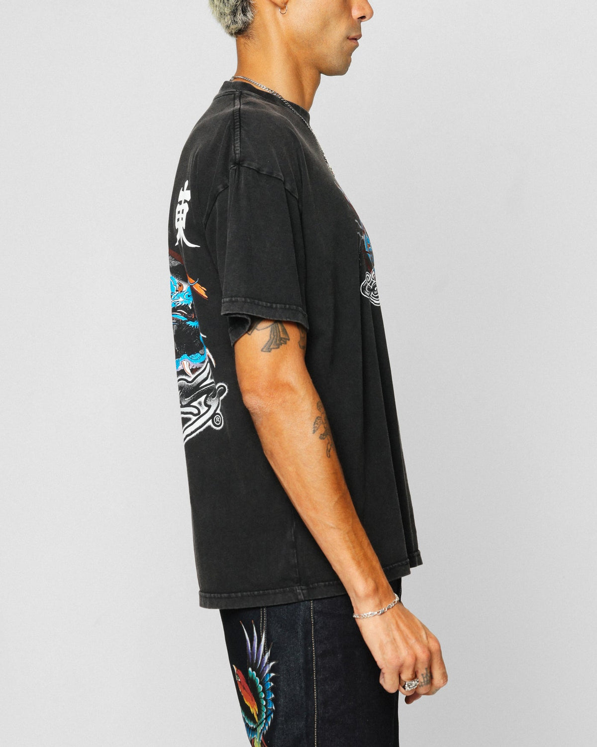 Ed Hardy Dragon Chest T-Shirt Black Acidwash